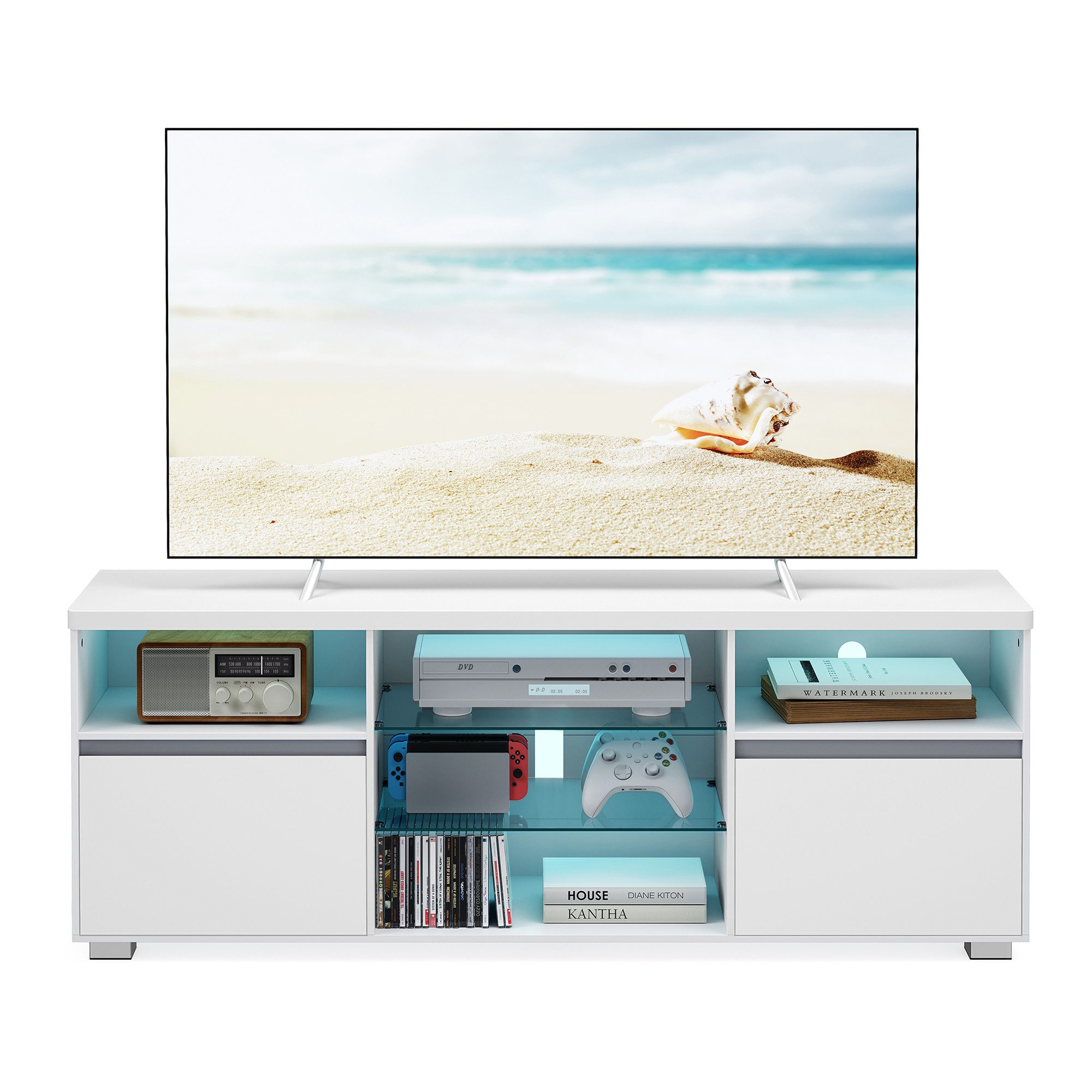 VASAGLE TV-Schrank mit LED-Beleuchtung, Fernsehtisch, für Wohnzimmer, 40 x 160 x 60 cm für Fernseher bis zu 70 Zoll, mit offenen Ablagen, 2 Schränke, weiß