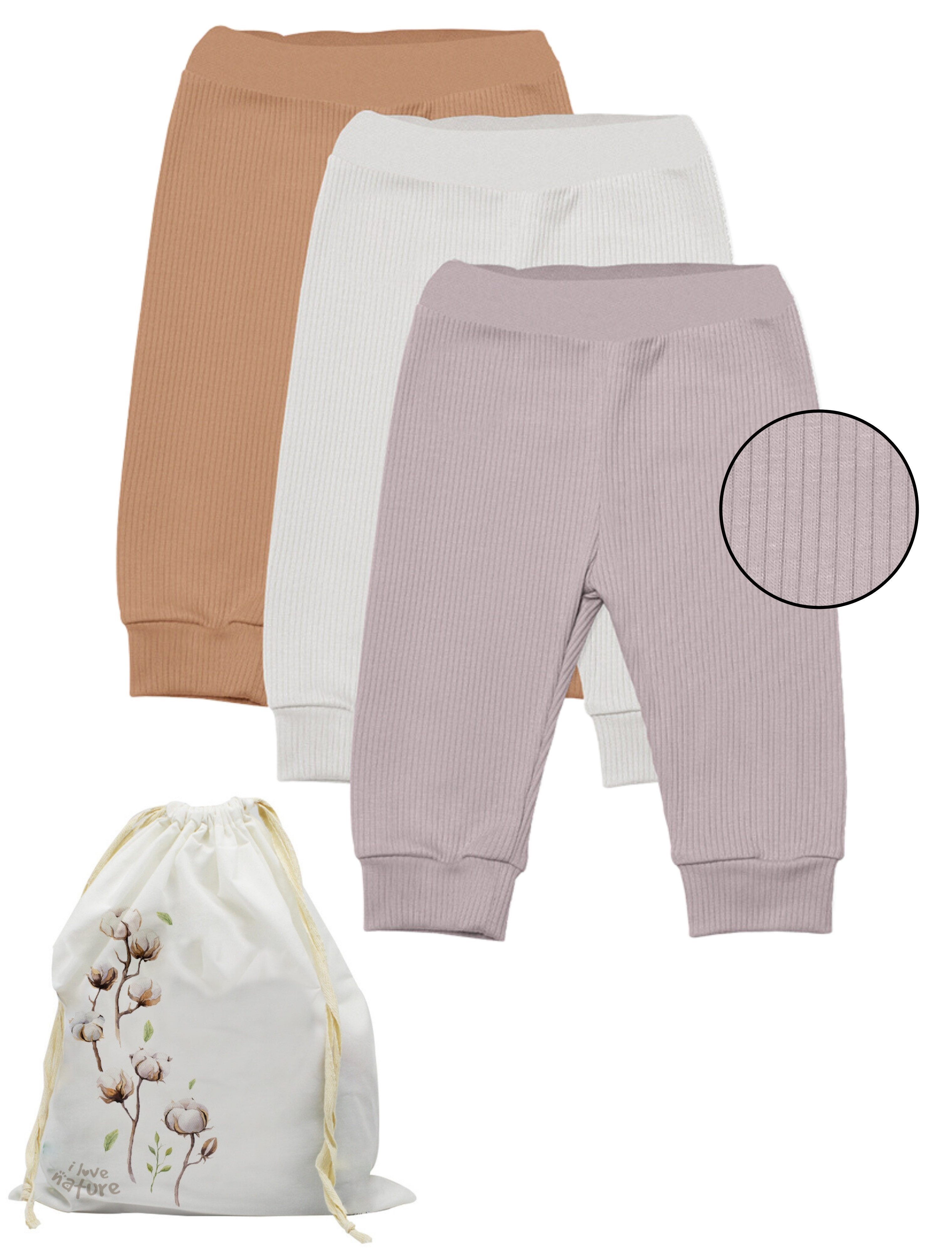 biorganic Stoffhose Ripp (3er Pack), Mehrfarbig, Unisex, Baby Hose für Jungen und Mädchen (Set, 4-tlg., 3er-Pack Hosen & 1 Beutel) gerippte Textilstruktur (Ripp), Modal und Bio-Baumwolle, Größe 56 - 86
