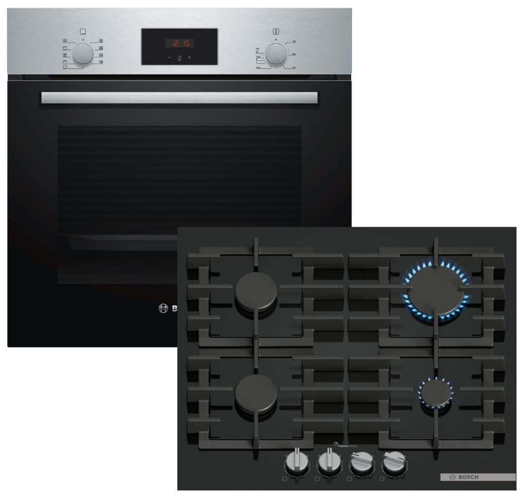 BOSCH Backofen-Set Schnellaufheizung Teleskopauszug + Gaskochfeld FlameSelect autark 60cm