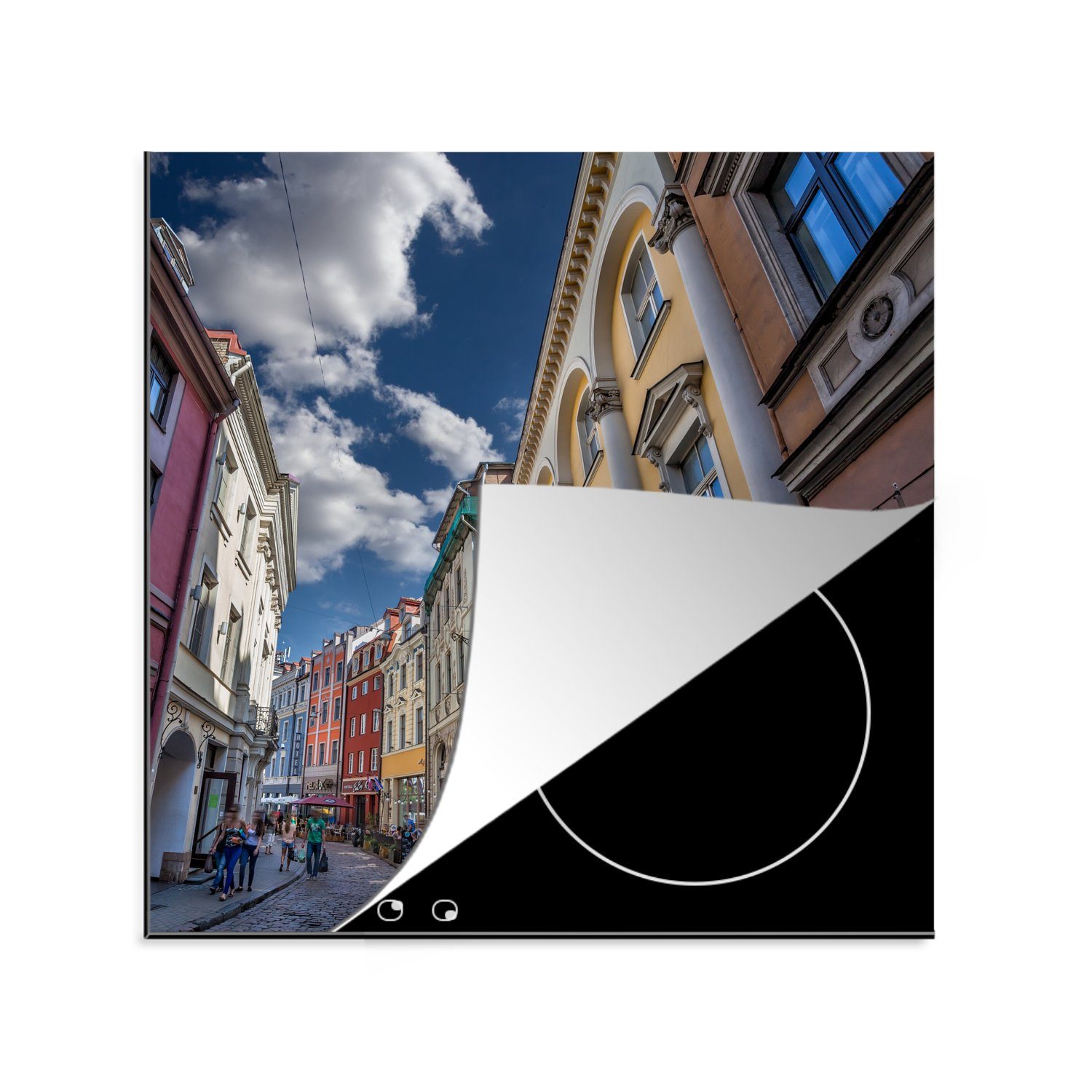 MuchoWow Herdblende-/Abdeckplatte Rigaer farbige Häuser auf der Straße, Vinyl, (1 tlg), 78x78 cm, Ceranfeldabdeckung, Arbeitsplatte für küche | Herdabdeckplatten