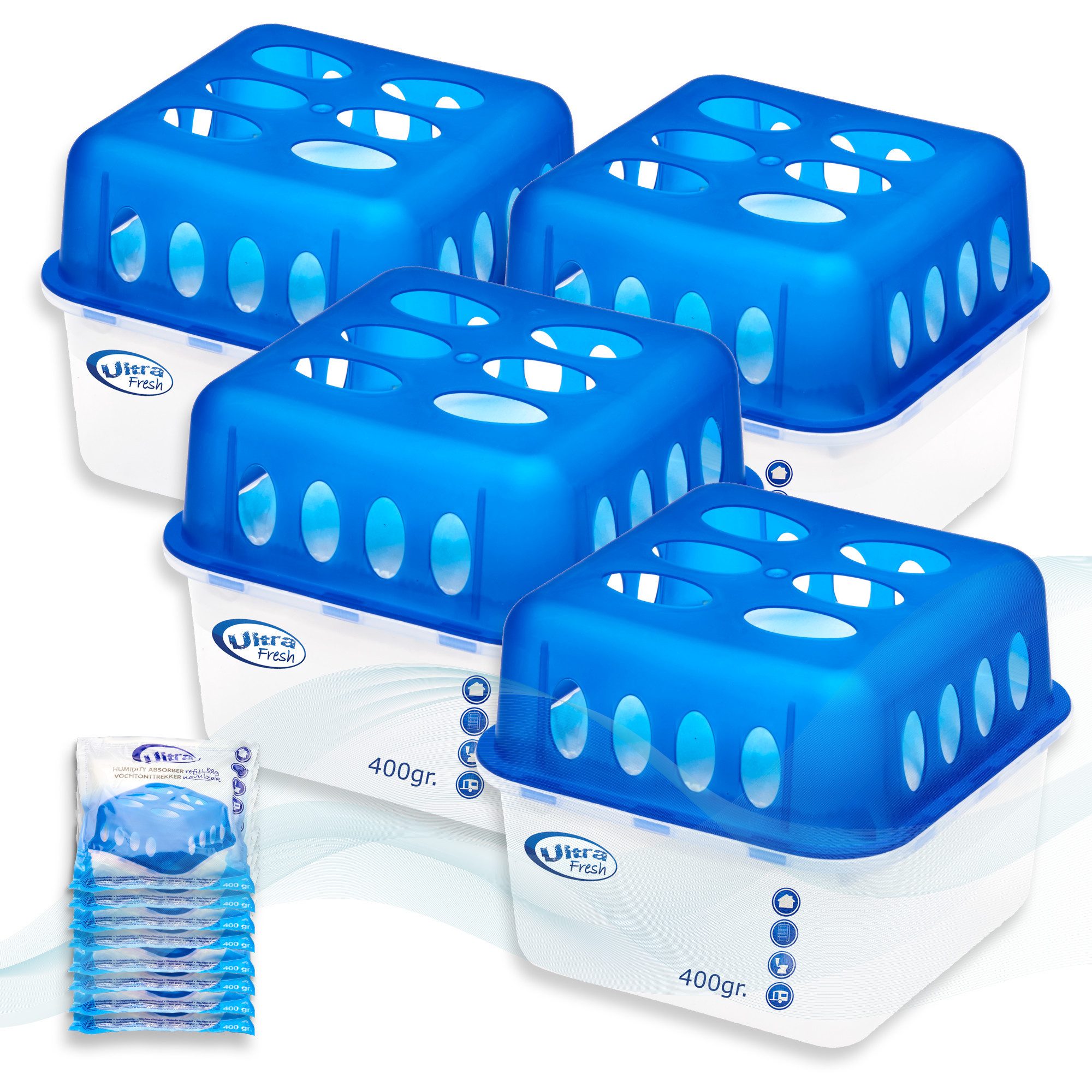 Smart-Planet Granulat-Luftentfeuchter Luftentfeuchter 4er Set inkl. 8x 400gr Nachfüllgranulat ohne Strom, Nachfüllbar