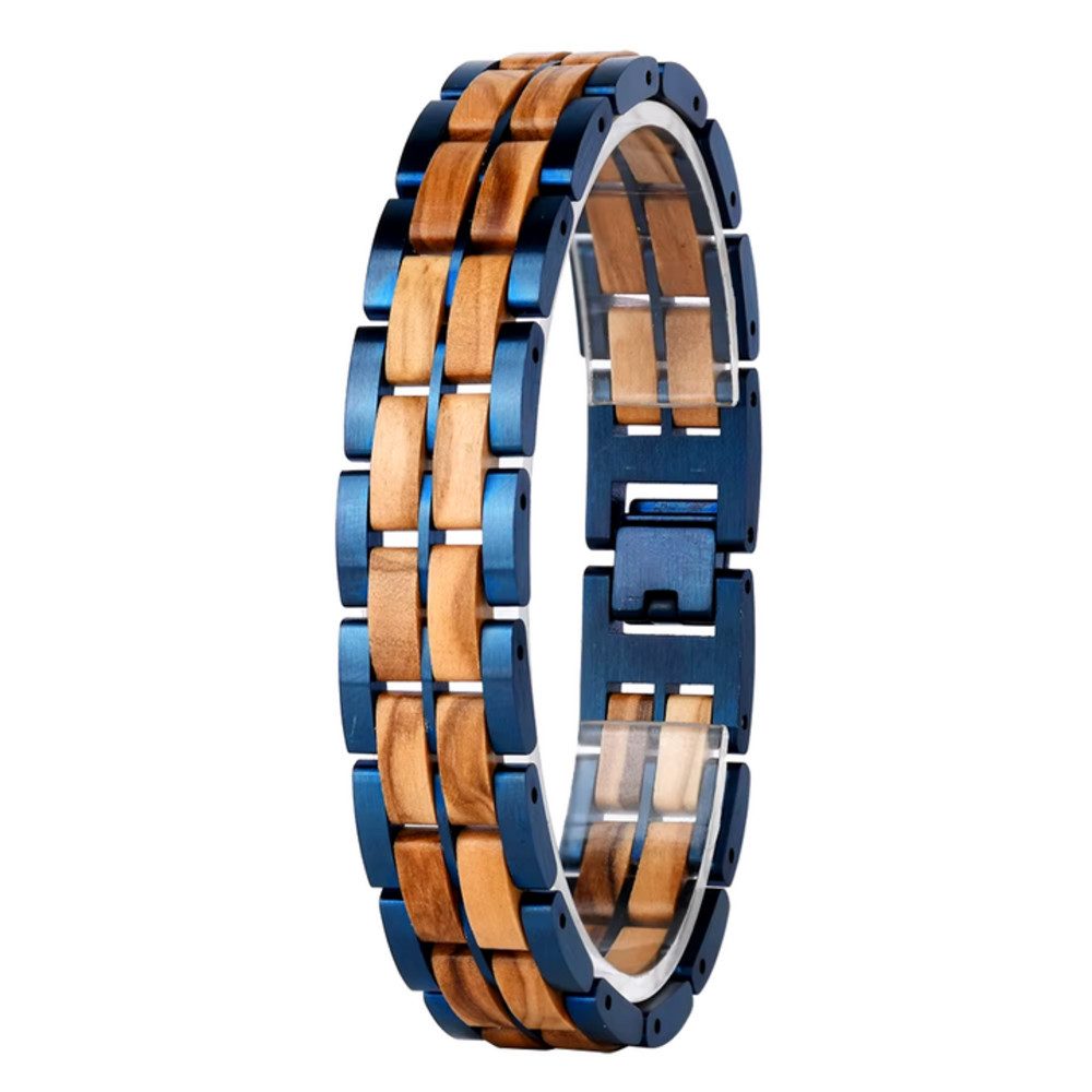 Holztick Bavaria Gliederarmband Zen, edles Armband aus Olivenholz und blauem Edelstahl