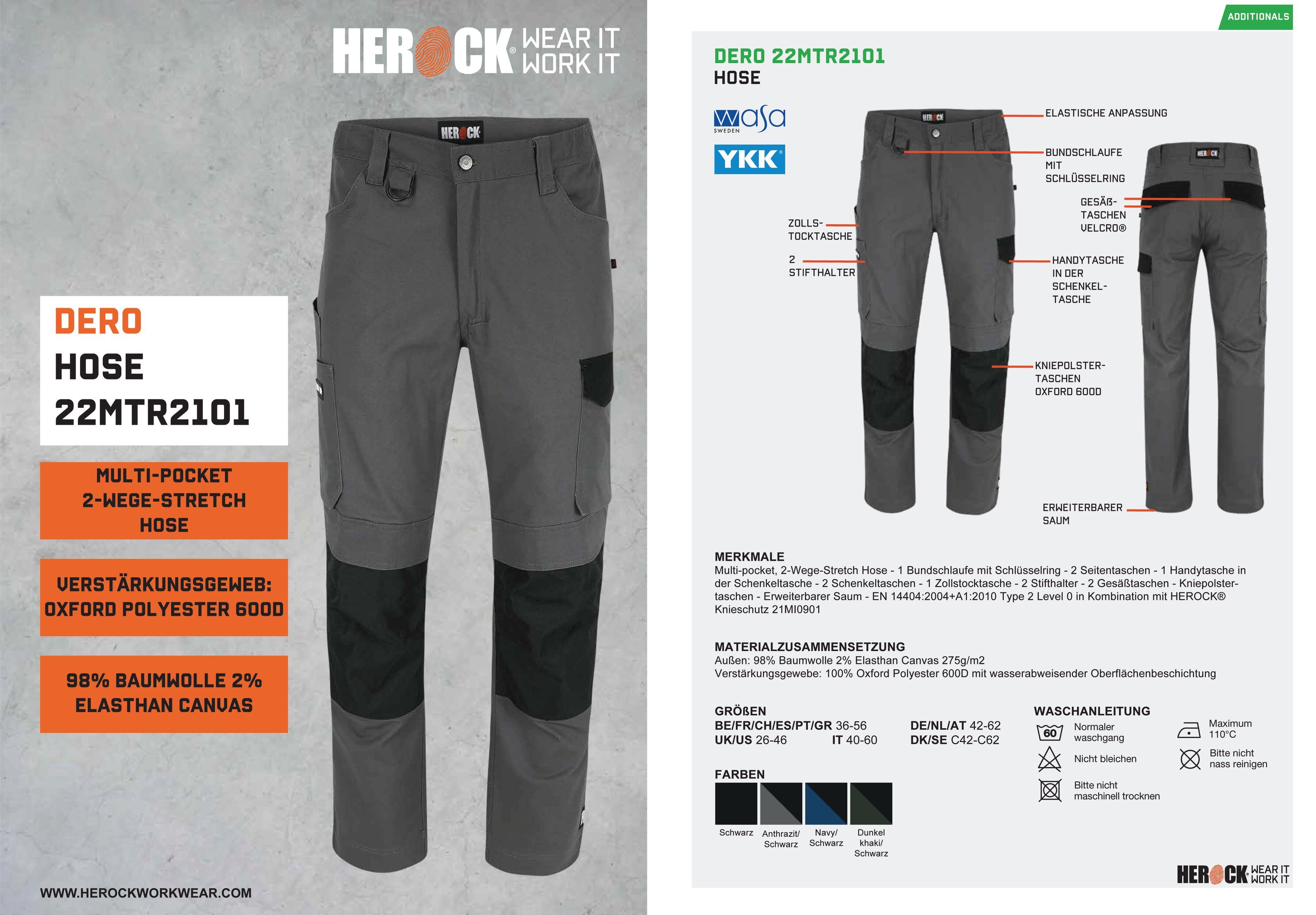 Slim wasserabweisend DERO Fit Passform, grau Herock Arbeitshose 2-Wege-Stretch, Multi-Pocket,