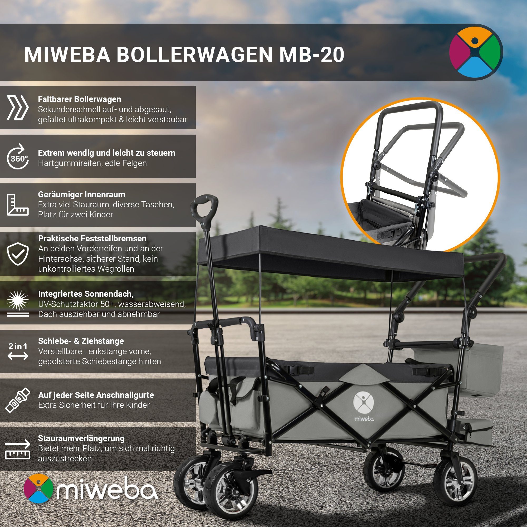 miweba Bollerwagen faltbar Transportkarre Handwagen Bollerwagen MB-20 (Bollerwagen klappbar, Kinderwagen, Handwagen, Transportwagen, 1-tlg., faltbarer Bollerwagen, Bollerwagen für Kinder), faltbarer Bollerwagen, Handwagen, Transportwagen