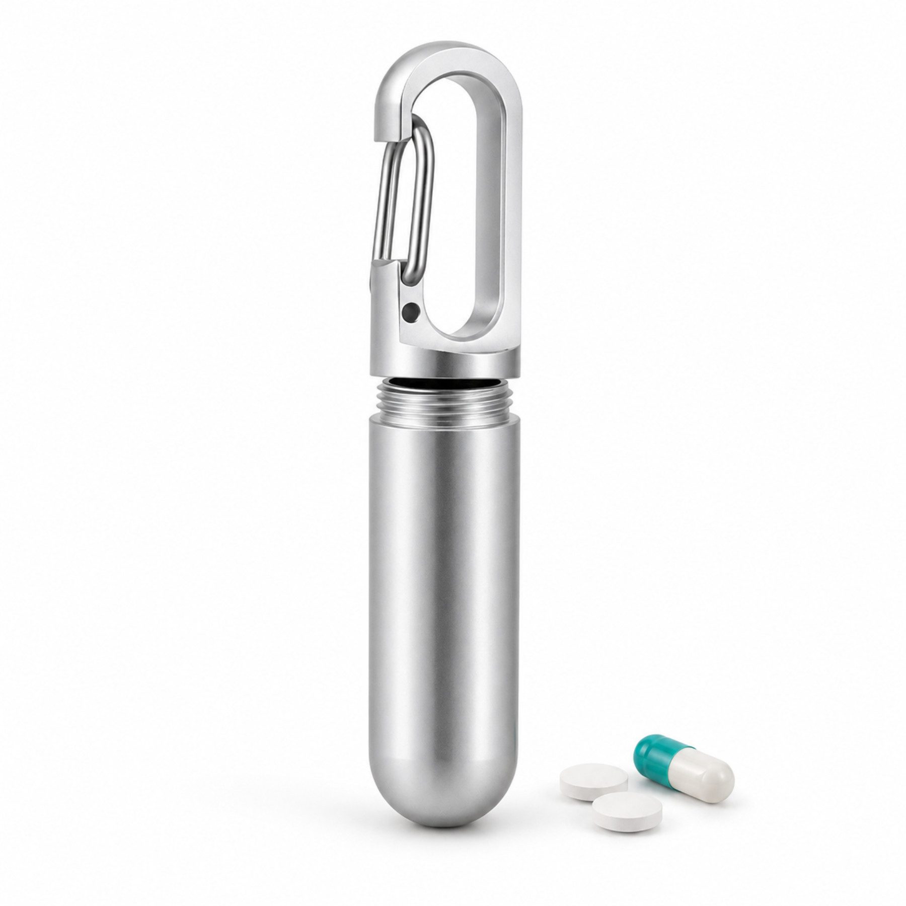Fyrove Pillendose Mini Pillendose 5 ml aus Metall mit Karabiner, (wassergeschützte tragbare Pillendose, kompakte Reise-Pillendose für Tabletten und Kapseln, Schlüsselanhänger Medikamentenbox für unterwegs)