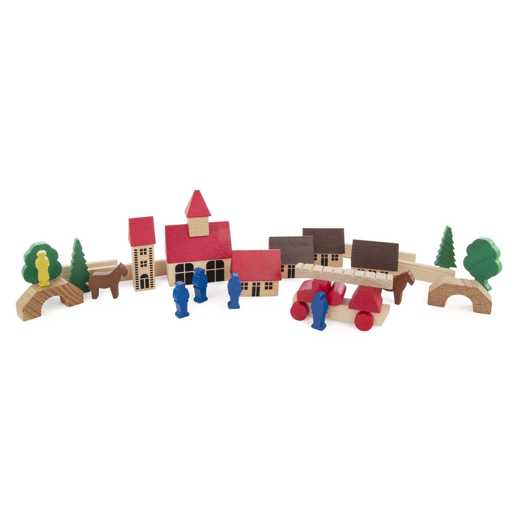 Holzspielzeug Spielzeugdorf mit Feuerwehr bunt Höhe ca. 7,5cm NEU Holzbaukasten