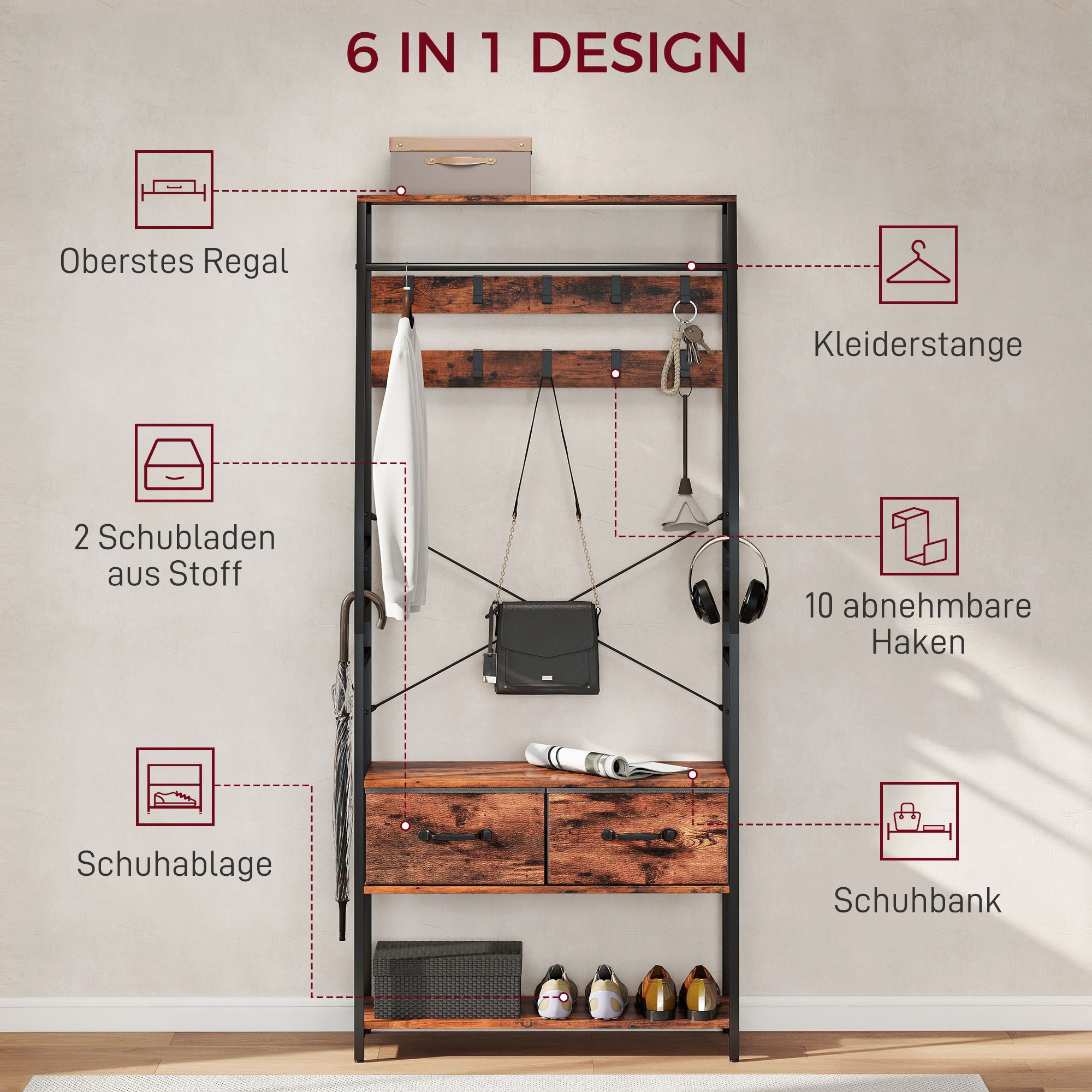 HOMCOM Garderobenständer Schuhbank, Kleiderstange, Industrie-Design Garderobe, Höhe 180 cm, (Jackenständer, 1 St., Kleiderständer), für Eingangsbereich, Flur, R – Bild 4 von 5