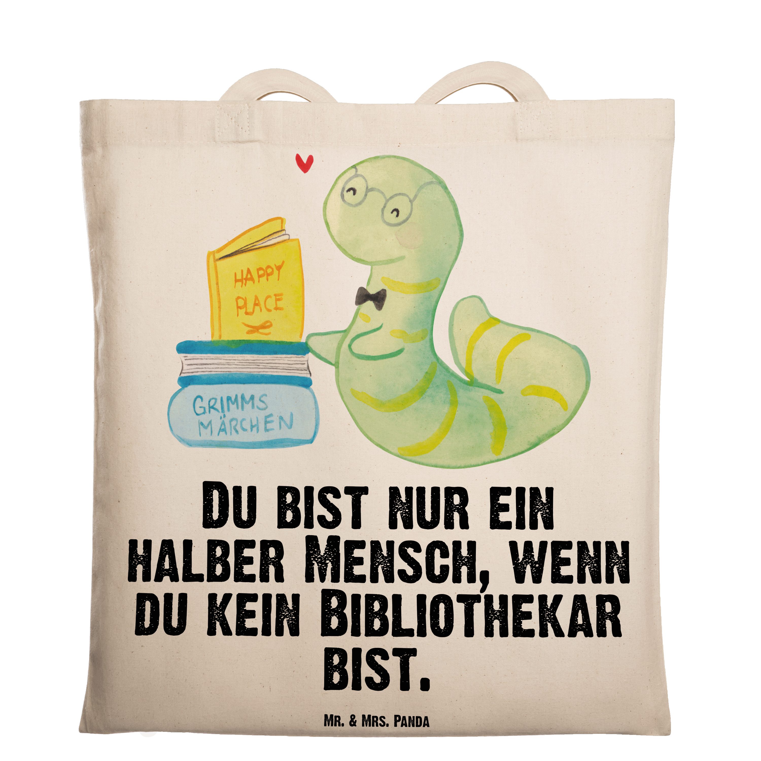 Mr. & Mrs. Panda Tragetasche Bibliothekar mit Herz - Transparent - Geschenk, Beuteltasche, Jubiläu (1-tlg)