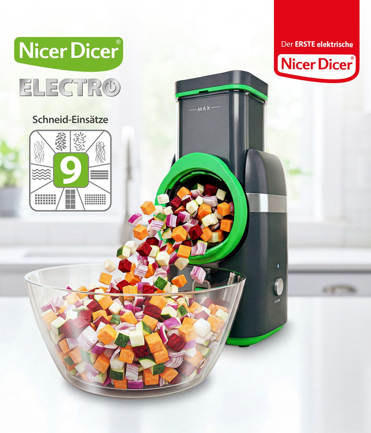 Genius Gemüseschneider Nicer Dicer Electro Deluxe 32 tlg, Gemüsehobel elektrisch, 9 Einsätze, 80 W, Extra-scharfe G-NOX Edelstahlklingen, einfache Reinigung, kompakt