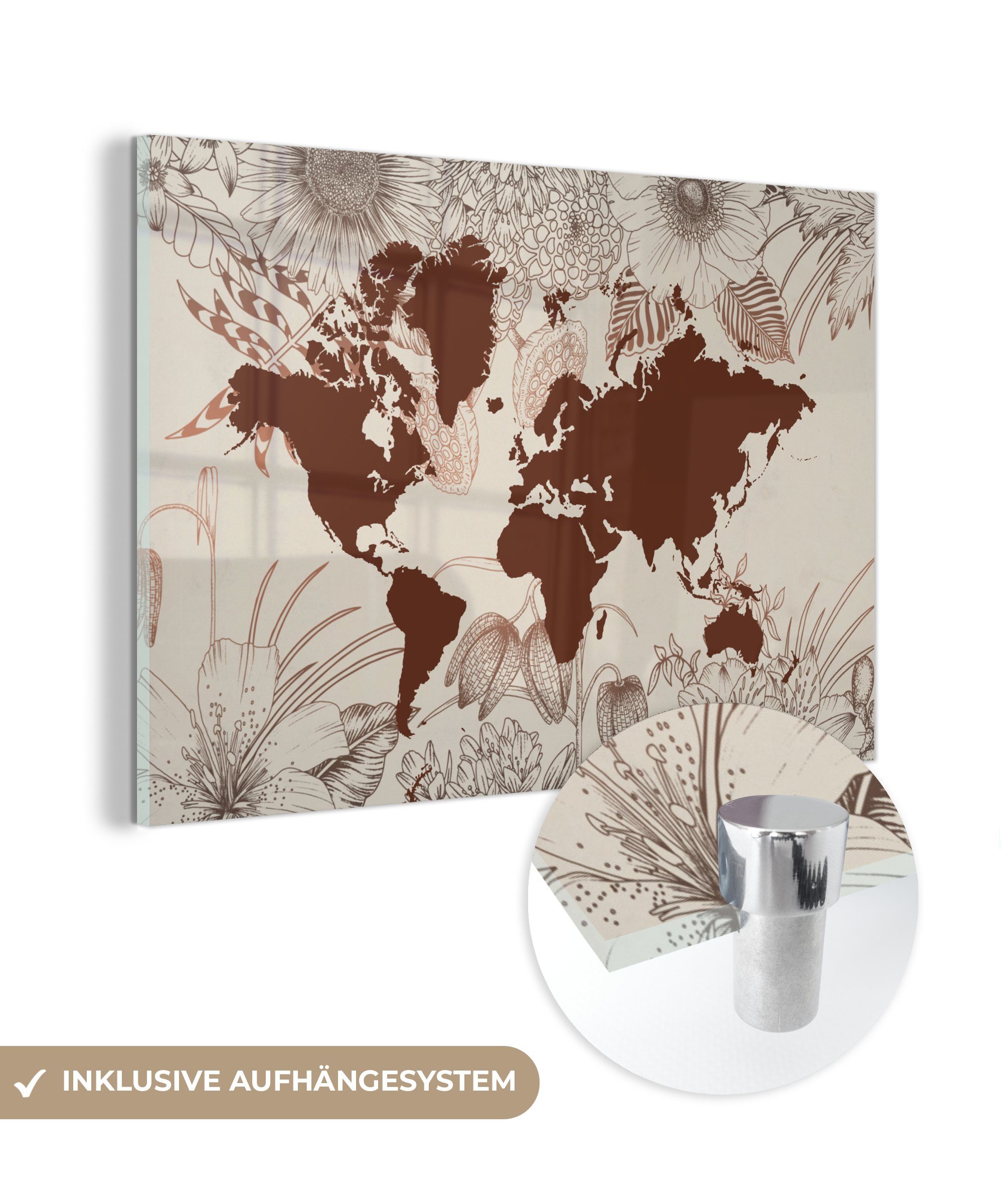 MuchoWow Acrylglasbild Weltkarte - Blumen - Rot, (1 St), Glasbilder - Bilder auf Glas Wandbild - Foto auf Glas - Wanddekoration
