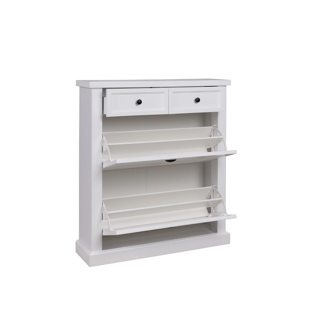 Feldmann-Wohnen Schuhschrank Galineo (1x Schuhschrank, 2x Klappen mit je 2 Fächern, 2x Schubladen, Muschelgriffe & Knopfgriffe, 1-St., Ein praktischer Schuhschrank im Landhaus-Stil) 97,5x27,5x110cm, Farbe weiß, Schuhschrank