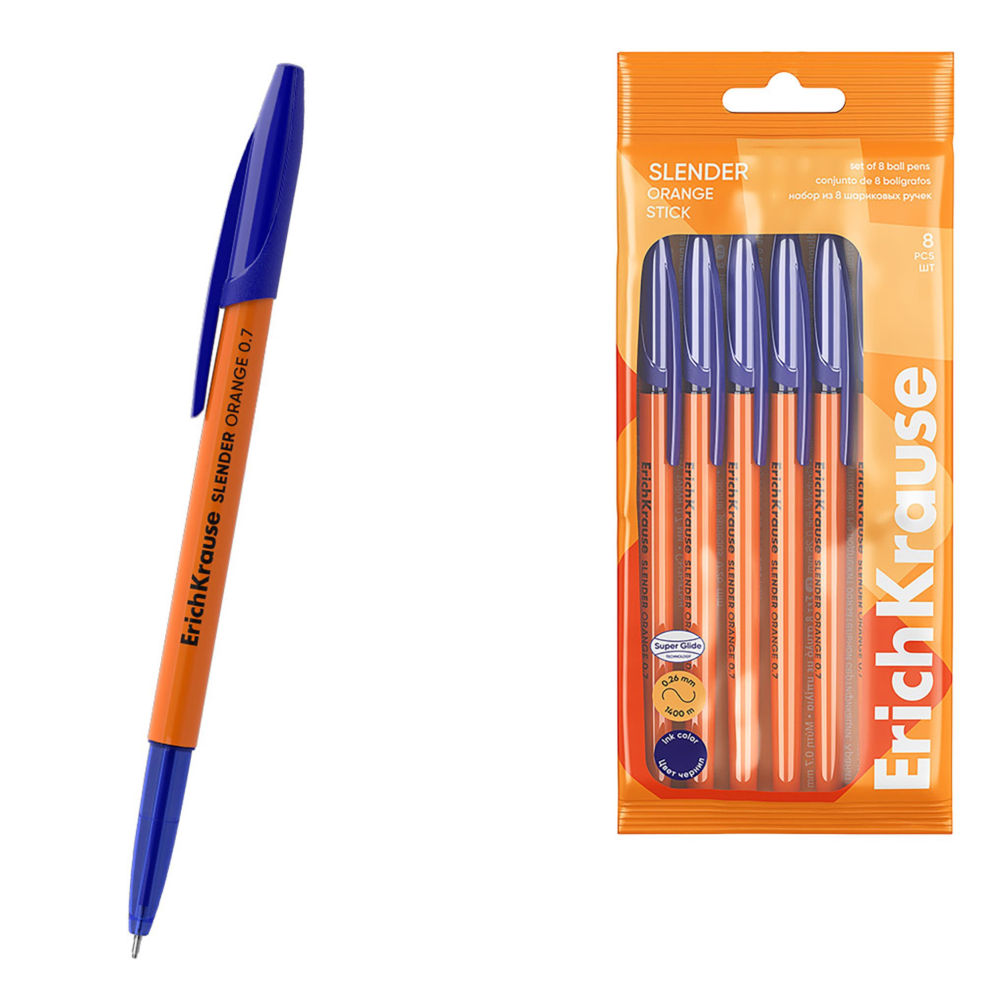 Erich Krause Kugelschreiber, Kugelschreiber Slender Orange Stick 0,26mm 8er Set Blau