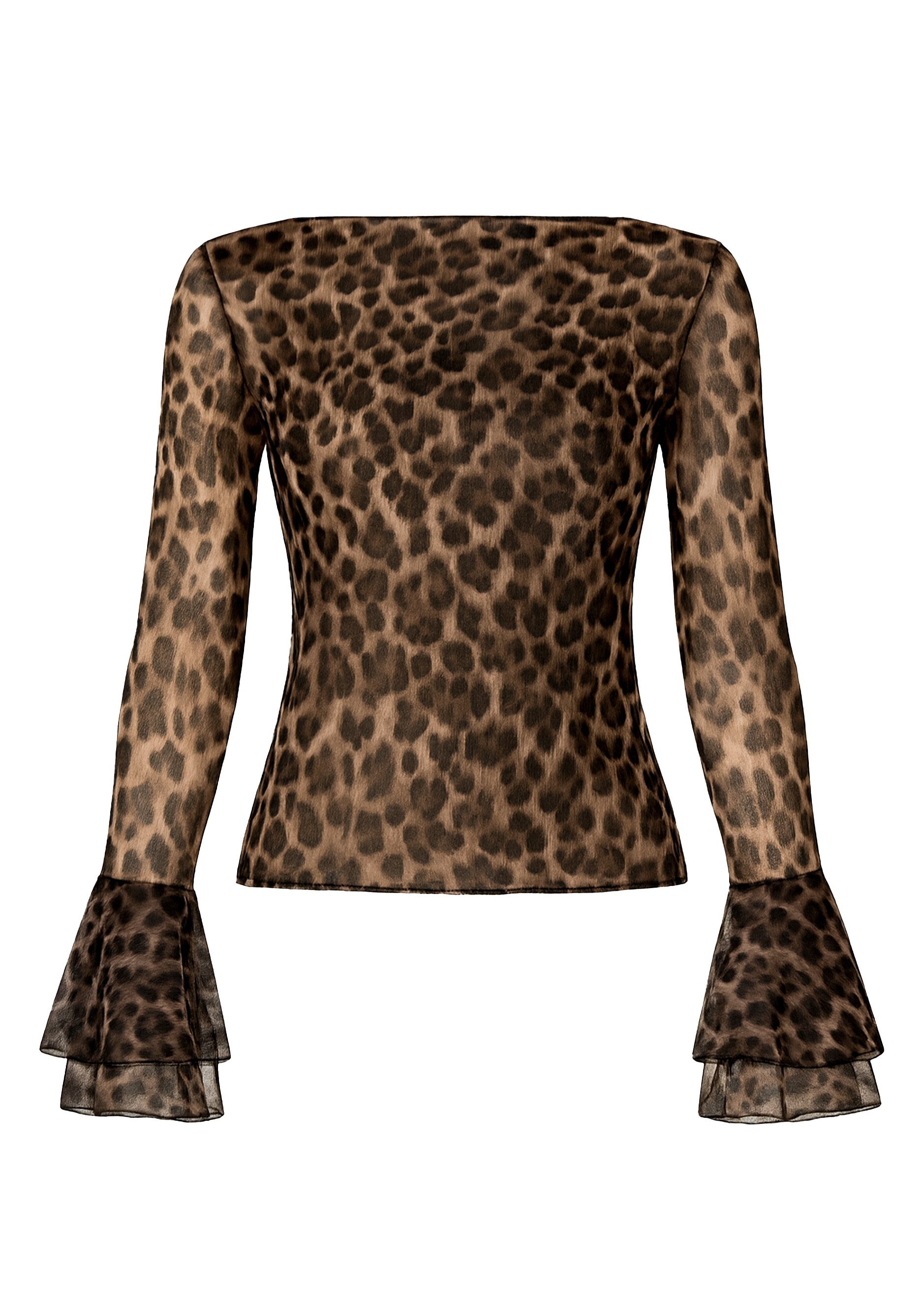 SASSYCLASSY Langarmshirt Mesh Langarmshirt mit Leo-Print und Volantärmeln Leicht transparentes Longsleeve mit Rüschendetails Braun