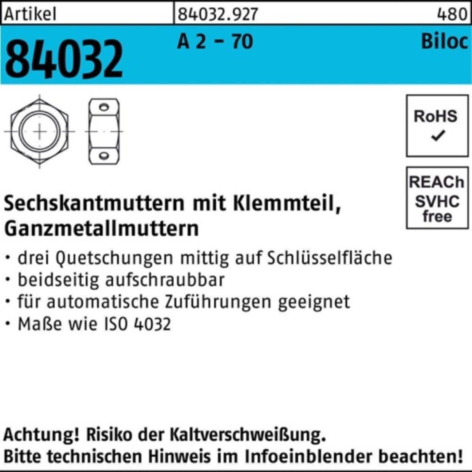 Reyher Muttern 250er Pack Sechskantmutter R 84032 Biloc Klemmteil M10 A 2 - 70 250 St