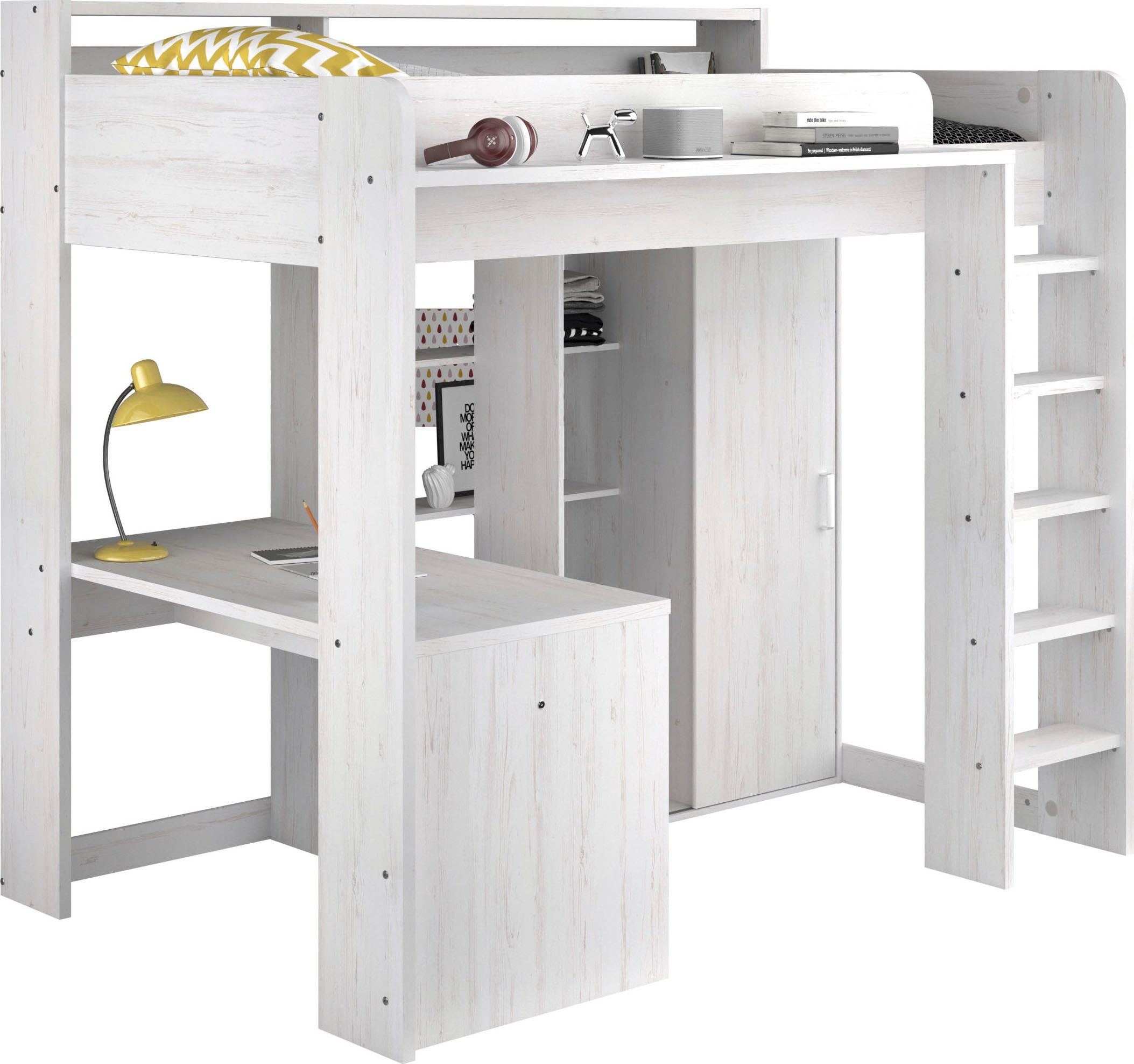 Parisot Hochbett "Higher, mit Schreibtisch, Schiebetürenschrank, Regale obe günstig online kaufen