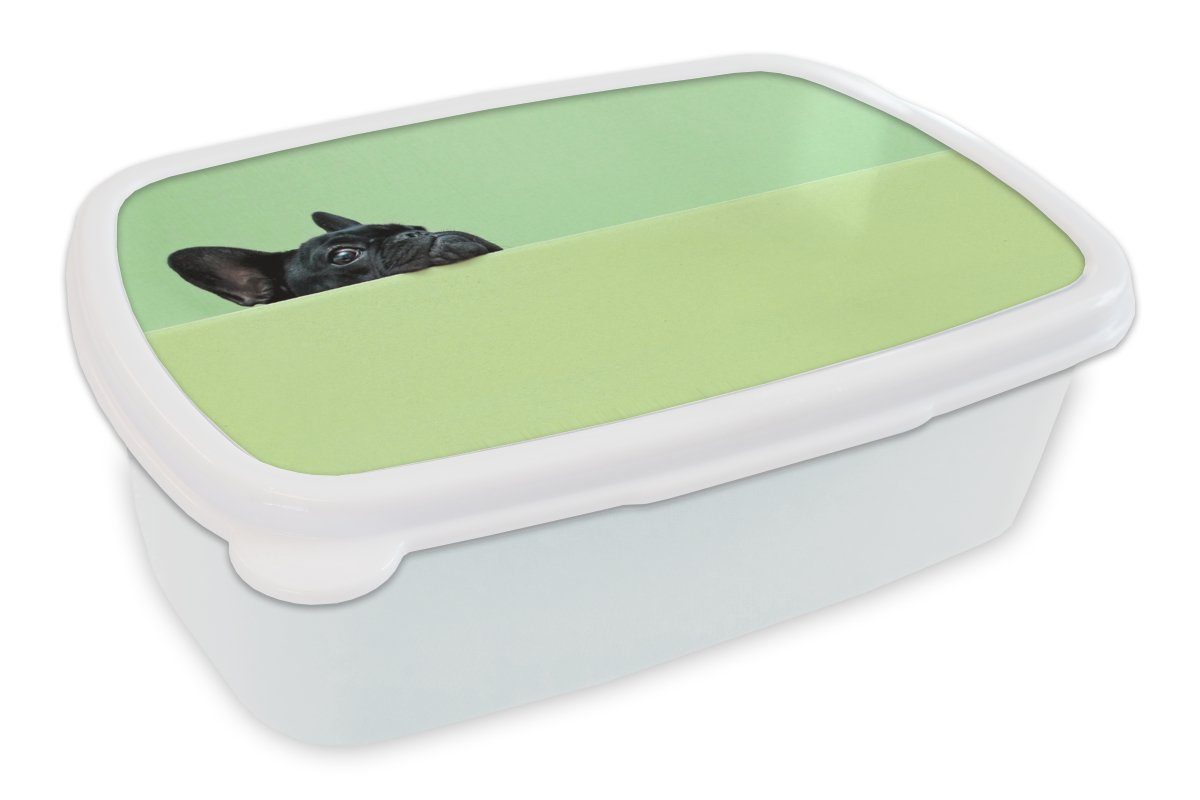 MuchoWow Lunchbox Französische Bulldogge - Grün - Schwarz, Kunststoff, (2-tlg), Brotbox für Kinder und Erwachsene, Brotdose, für Jungs und Mädchen weiß