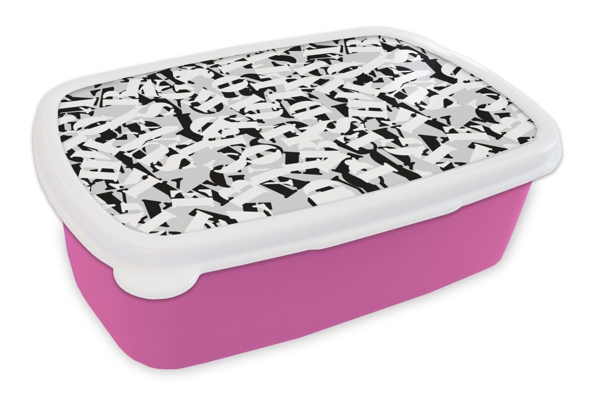 MuchoWow Lunchbox Buchstaben - Alphabet - Muster - Schwarz und Weiß, Kunststoff, (2-tlg), Brotbox für Erwachsene, Brotdose Kinder, Snackbox, Mädchen, Kunststoff rosa