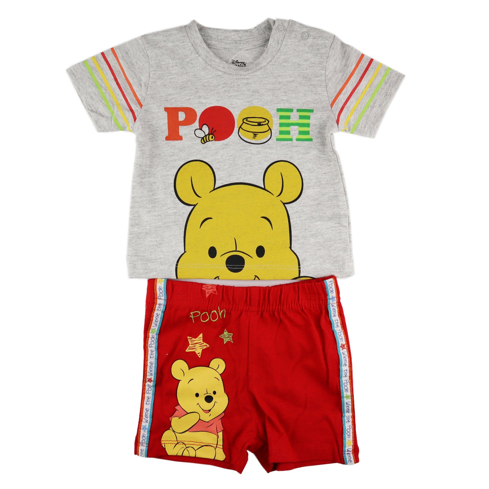 WINNIE POOH Kurzarmwickelbody Winnie der Pooh Baby Sommerset T-Shirt plus Shorts Gr. 62 bis 86 Grau