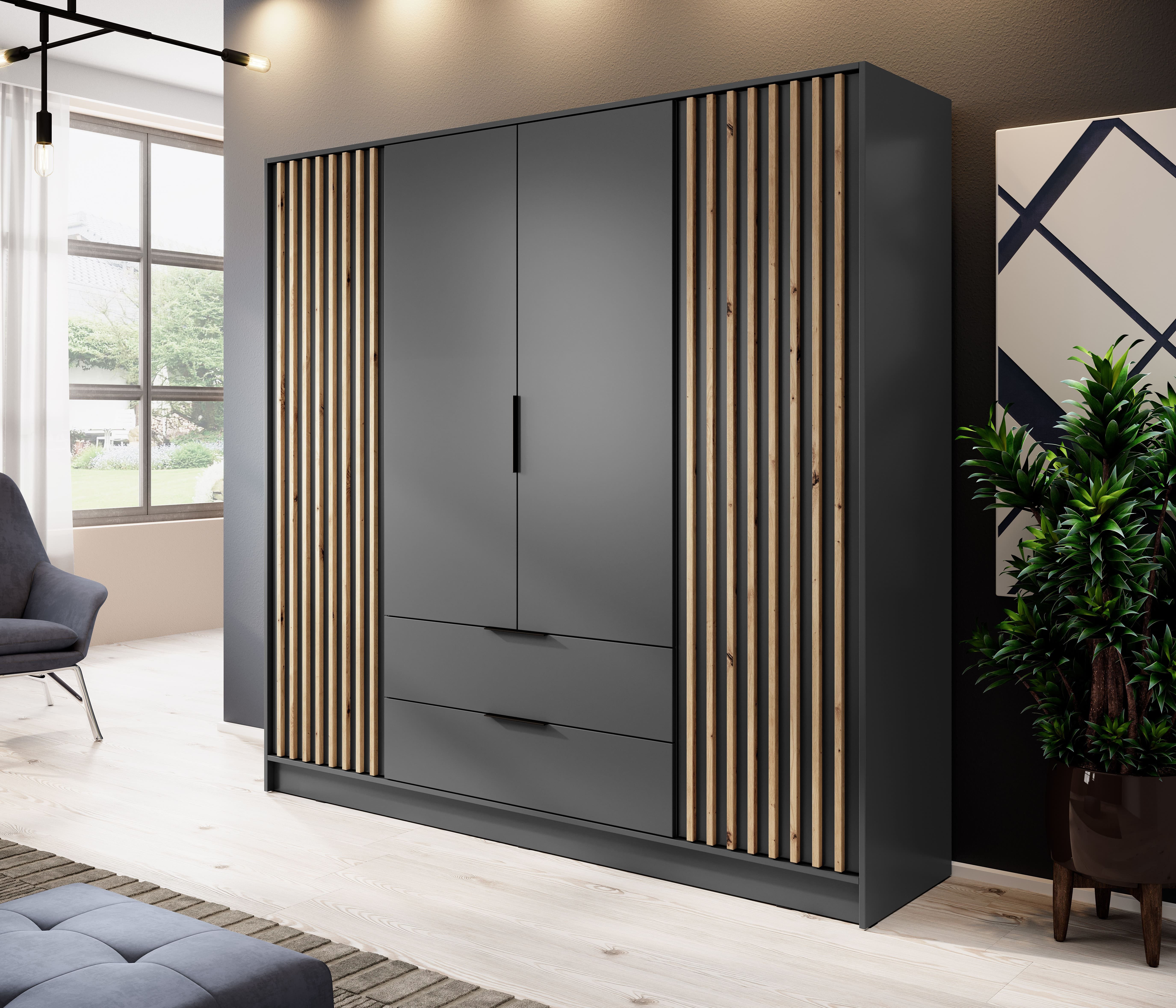 MOEBLO Kleiderschrank JOHN (Latten aus Holz, Loft Stil IndustrieSchrank Aufbewahrungsschrank (Spannstange) mit Regalböden Spannstange & 2 Schubladen, Industrieschrank für Schlafzimmer, Schlafzimmerschrank mit 2/3/4 drehbaren Türen, 2 Schubladen)