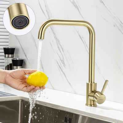 Lonheo Küchenarmatur Wasserhahn Spültischarmatur Gold, 360° Drehbar Einhebelmischer Edelstahl Küche Mischbatterie