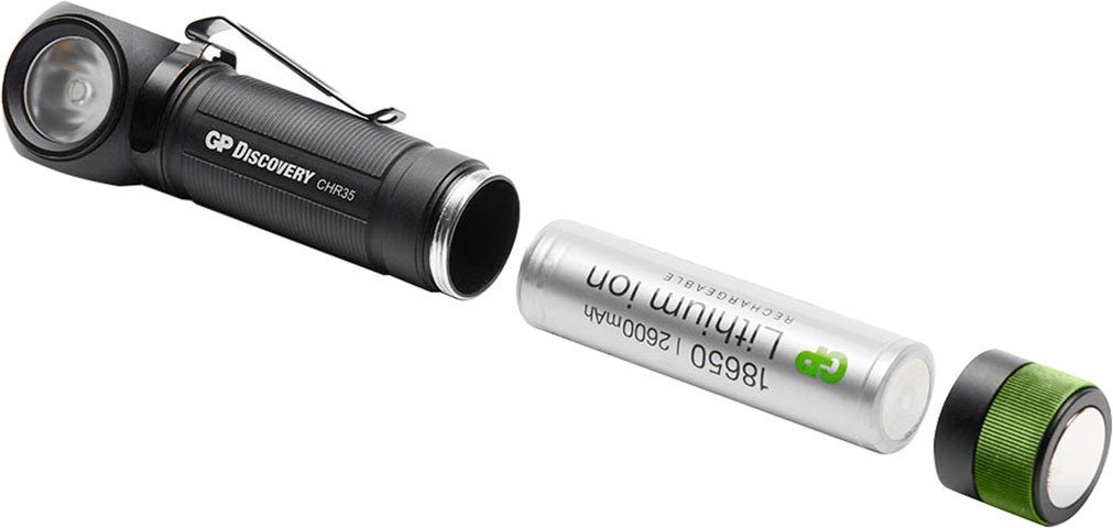 GP 18650 CHR35, 600 Lumen, Discovery Batteries + Stirnlampe inkl. Ladekabel USB Akku Wiederaufladbar, GP Li-Ion Discovery
