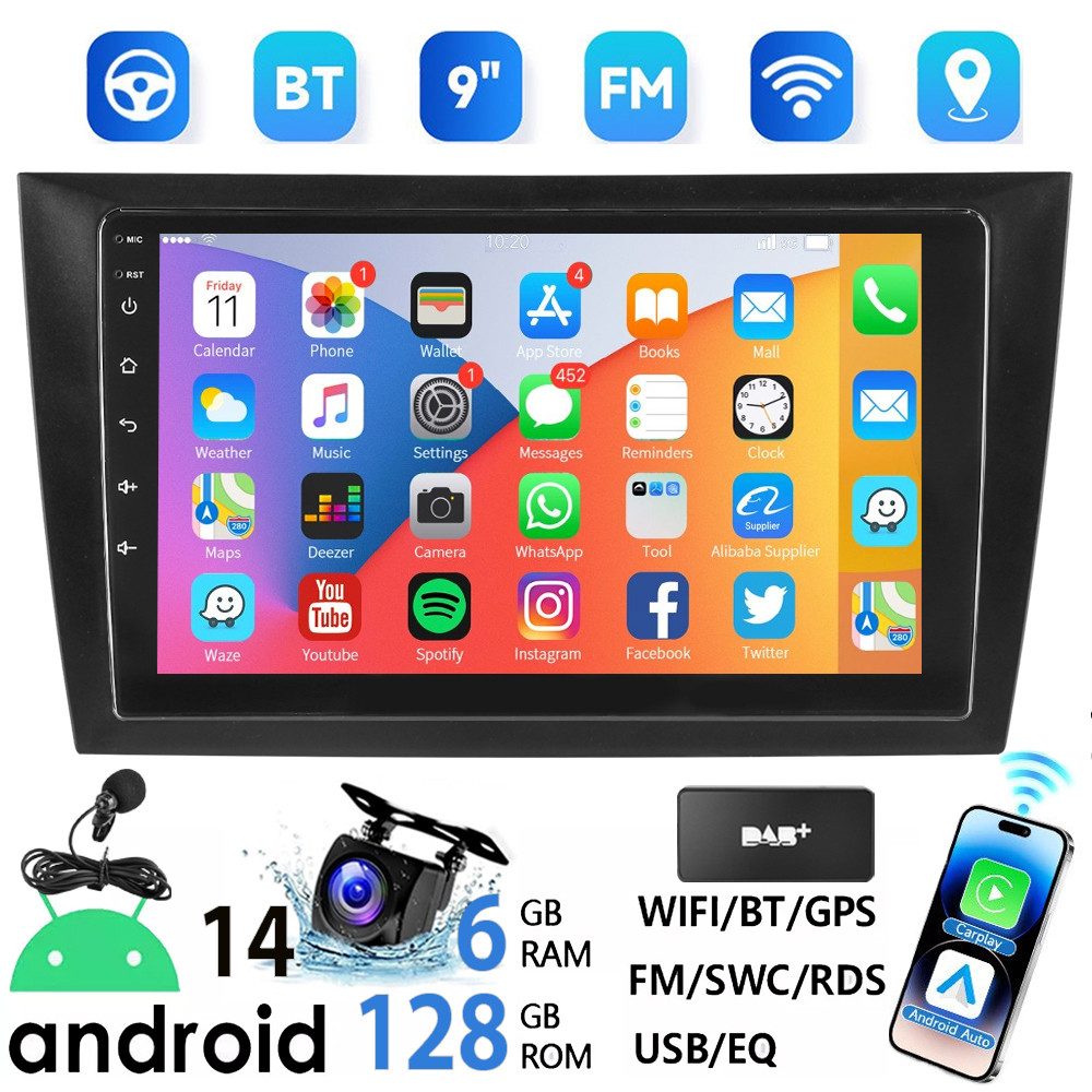 ESSGOO DAB+ Android 14 8 Core 6+128G Für VW Golf VI 08-12 Carplay RDS Autoradio (Digitalradio (DAB), 4G LTE, RDS, AM, FM, 6GB+128GB, Carplay Android Auto Bluetooth EQ USB GPS Navi DAB (optional)
