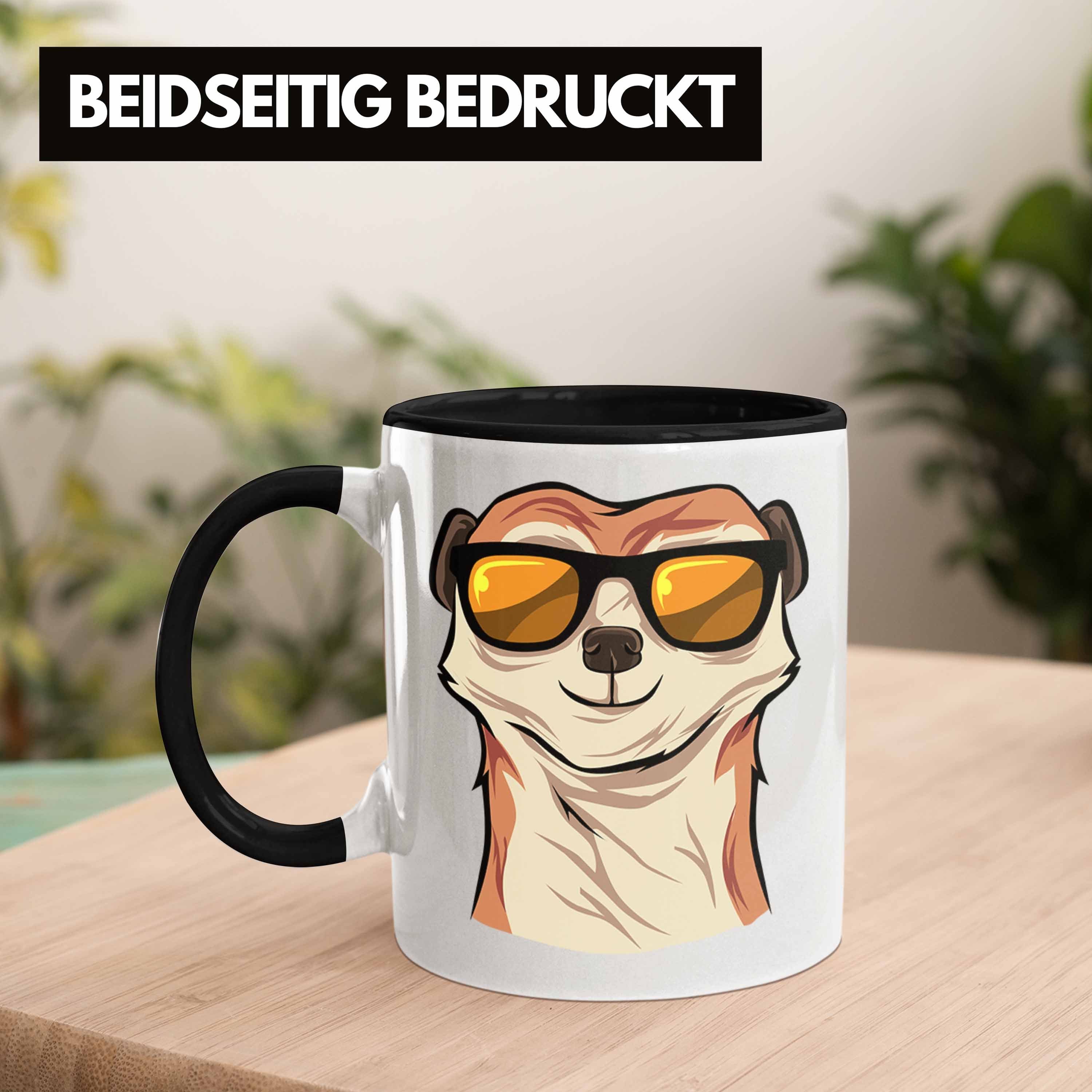 Trendation Tasse Lustige Tasse Schwarz Tierliebhaber für Sonnenbrille Erdmännchen Geschenk