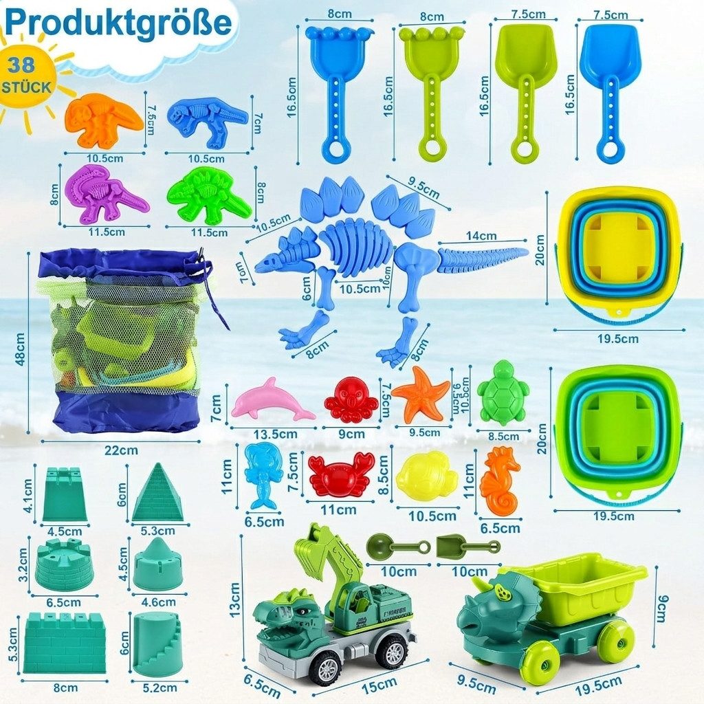 Pgtc Sandform-Set Dino Strandspielzeug Set 36-tlg. mit Falteimer und Netztasche Kinder, (36-teiliges Dino Strandspielzeug mit Falteimer und Netztragetasche, 36- – Bild 4 von 5