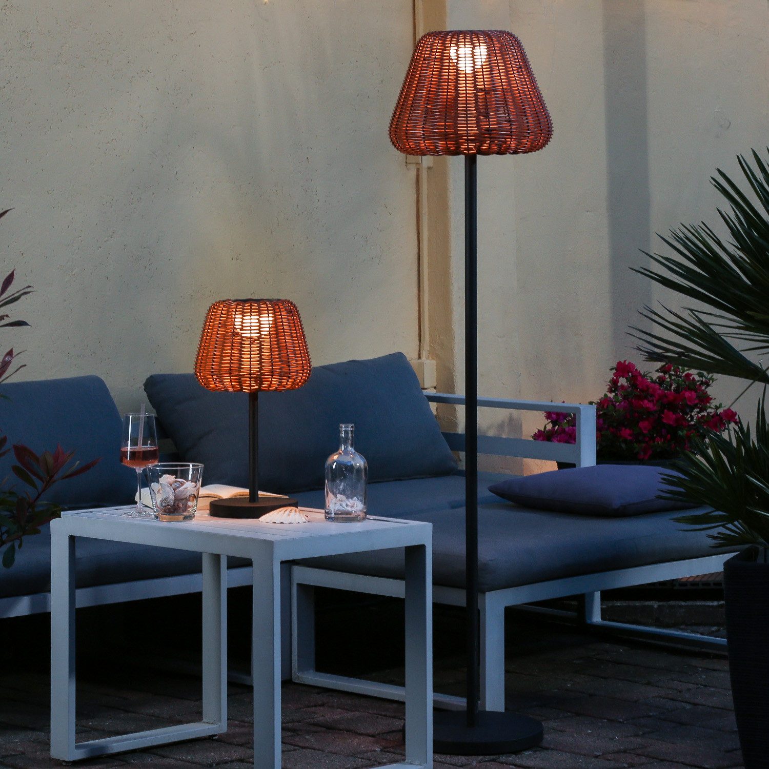 MARELIDA LED Außen-Tischleuchte LED Garten Tischlampe Korboptik Rattanoptik dimmbar aufladbar Fernb., LED Classic, warmweiß (2100K bis 3000K)