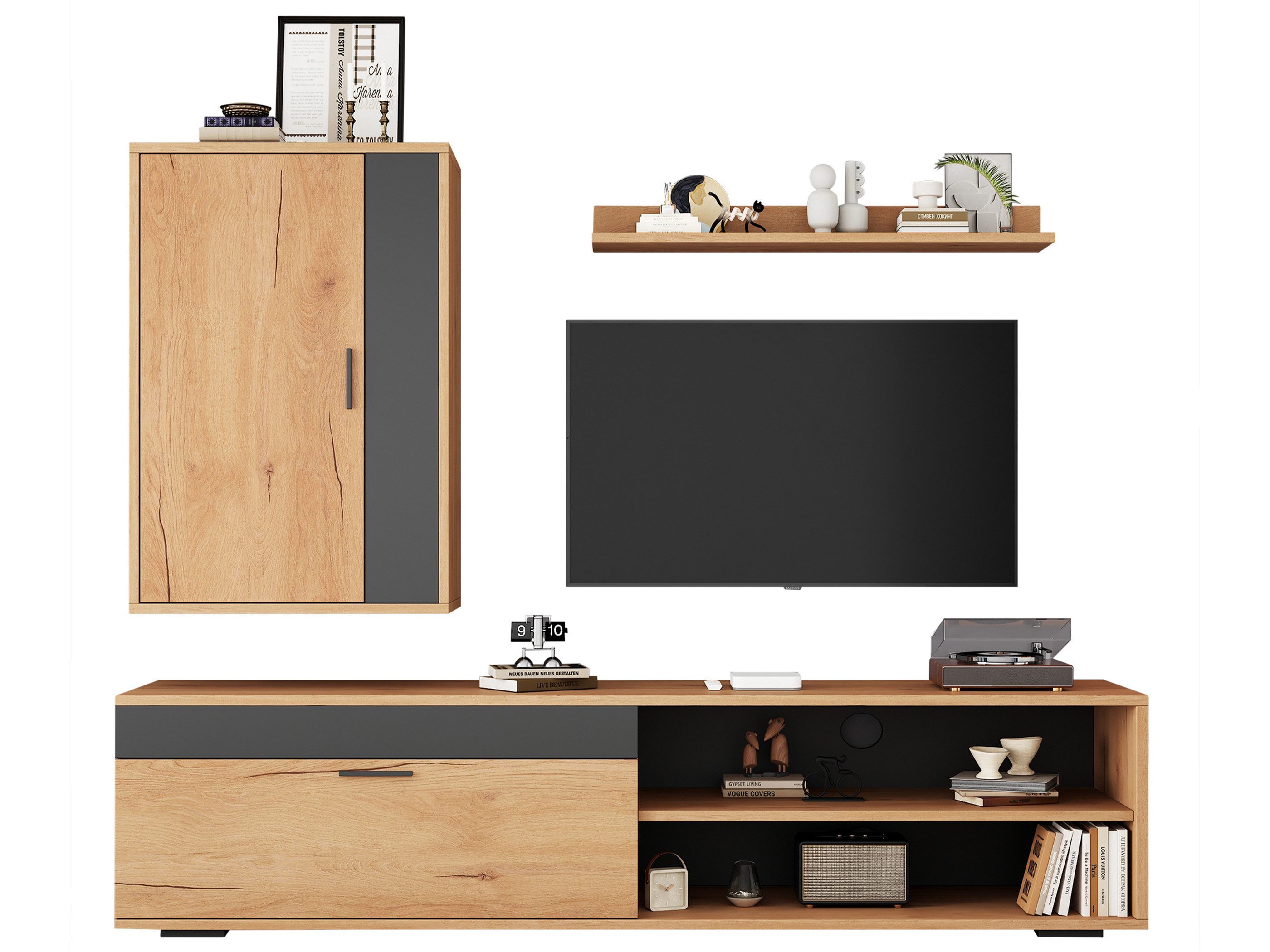 SeedWave Lowboard Combo-Set, 1 TV-Schrank, Hängeschrank und Wandregal, Kabeldurchführung, Der Fernsehschrank-Set mit 2 Schranktüren, 2 halboffene Fächer