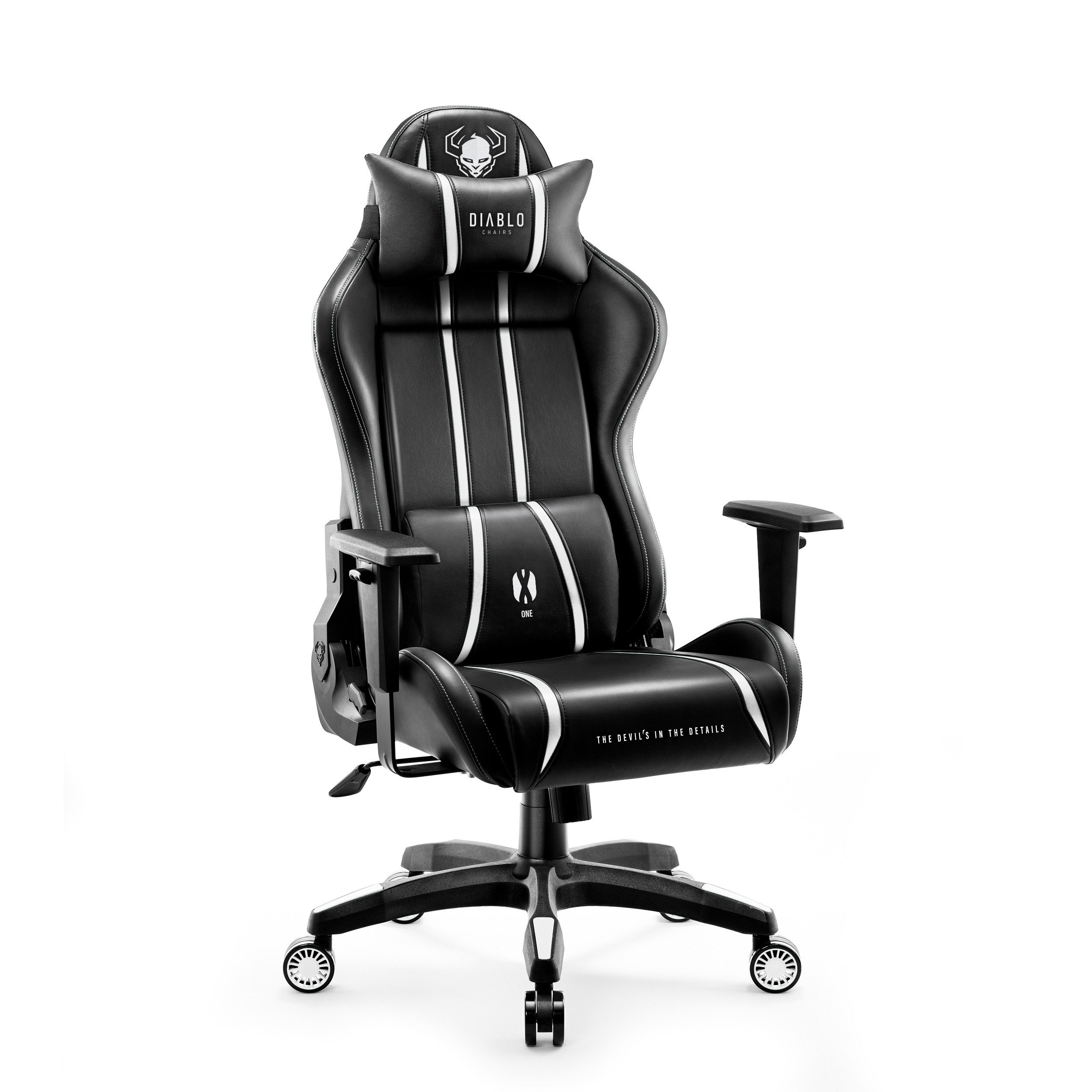 DIABLO CHAIRS Gaming-Stuhl X-One 2.0 HDS Ökoleder ergonomisch TiltTech Armlehnen Kopfstütze (Klasse-4-Gasfeder, Gummiräder bodenschonend, Kids S Normal L King XL), Lendenkissen Wippfunktion Metallbasis 3 Größen