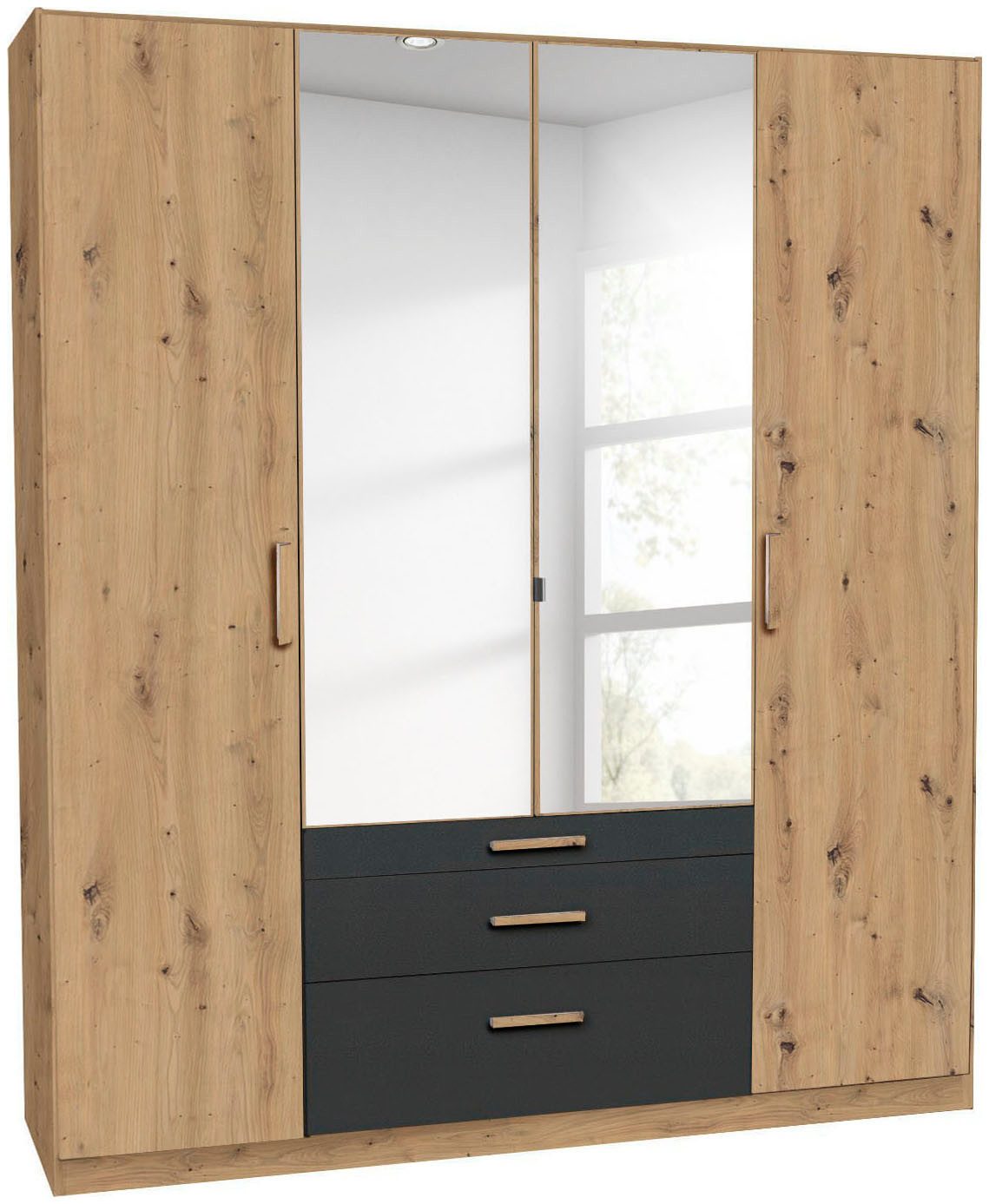 rauch Kleiderschrank Schrank Drehtürenschrank Ankleide Garderobe Schlafzimmer MOSBACH (Breiten: 181/226/271 cm, Höhe 210 cm) mit Spiegel und farblich abgesetzten Schubladen MADE IN GERMANY