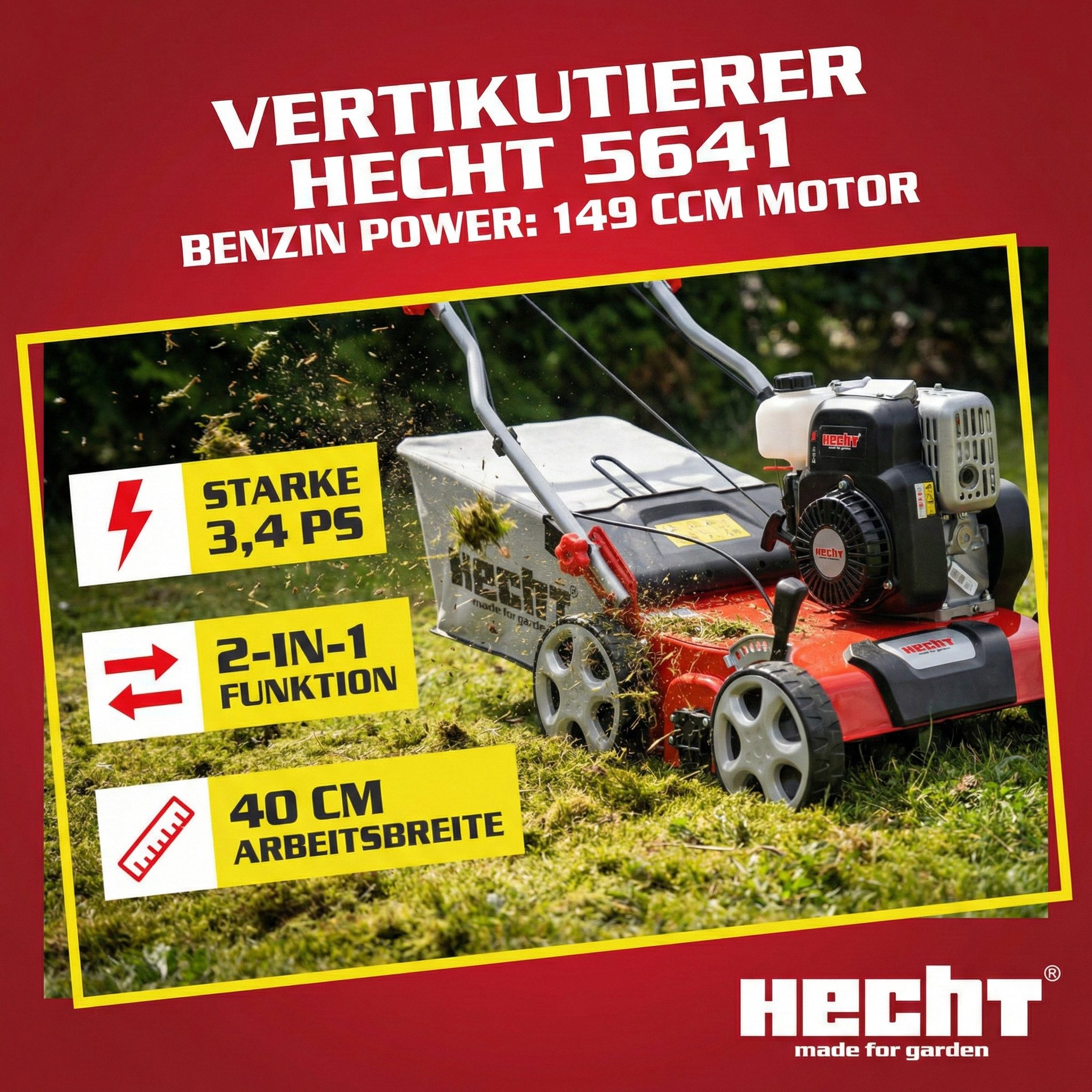 Hecht Benzin-Vertikutierer / Lüfter Rasenlüfter 5641 2in1 mit 5,5 PS, 40,00 cm Arbeitsbreite, 18 Messer, 24 Federkrallen, Stahlgehäuse