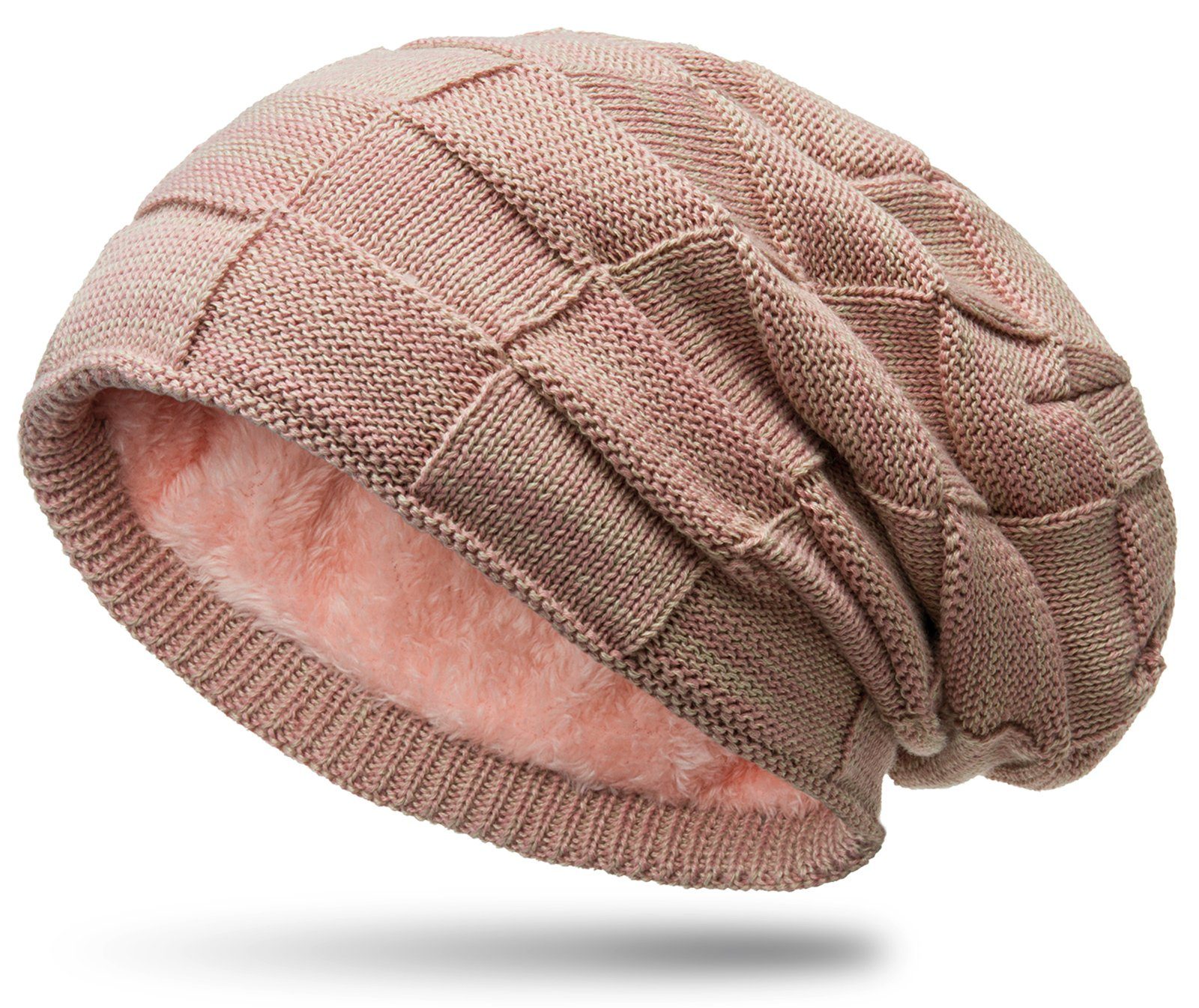 Caspar Beanie MU135 gefütterte Feinstrick Beanie Mütze mit Flecht Muster rosa-beige