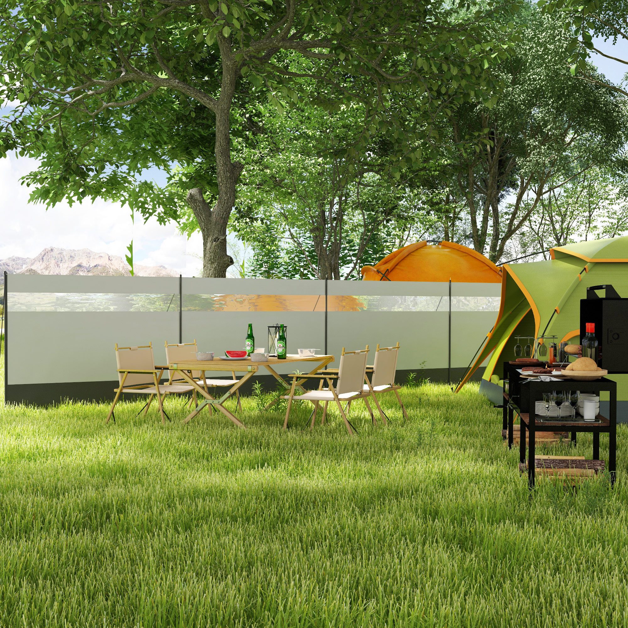 Outsunny Windschutz Strandwindschutz faltbar Sichtschutz mit Lichtquellenfenster grau, (faltbar Sichtschutz, 3 tlg., Sonnenschutz), für Camping Garten, Strand, Terrasse 725 x 140 cm Grau