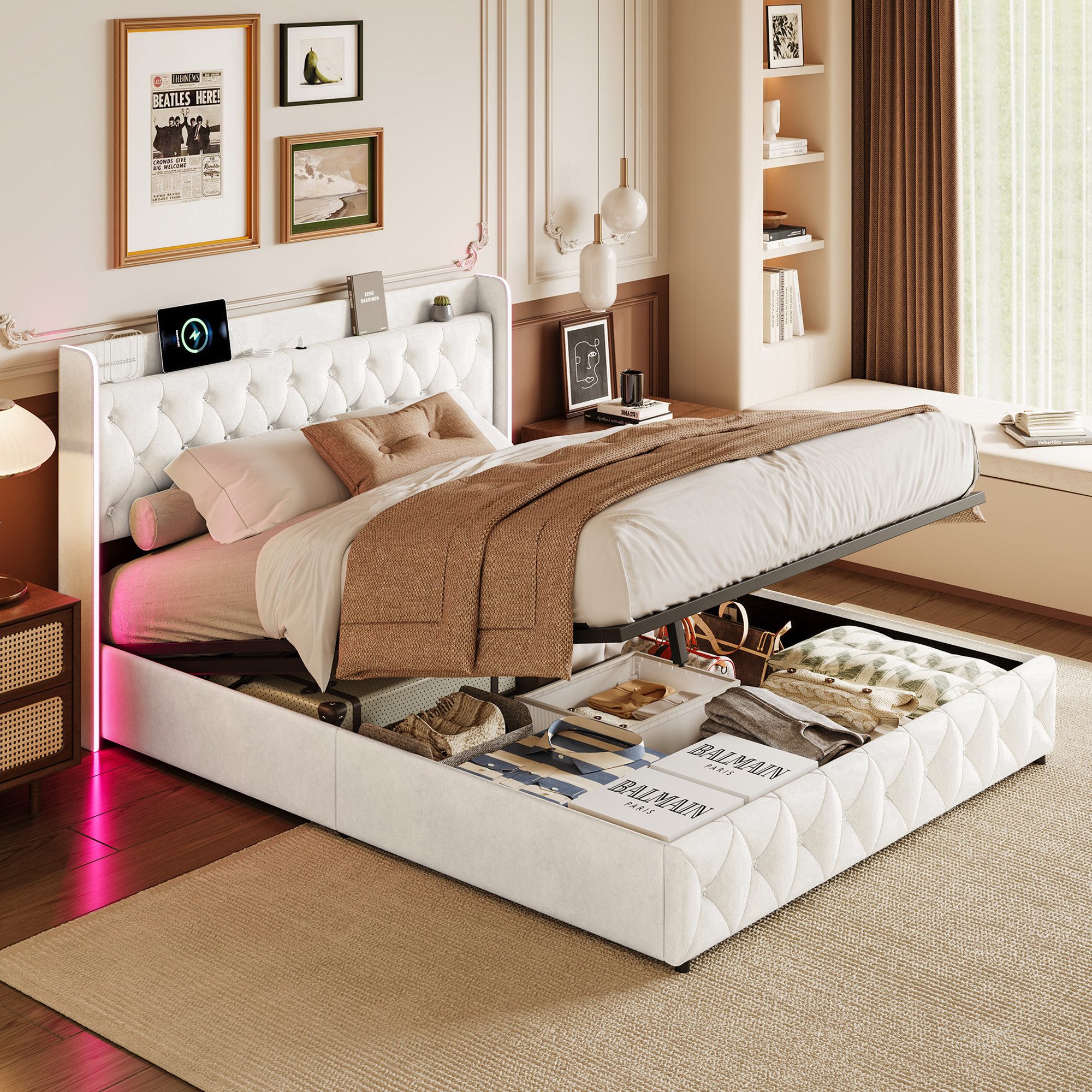 zebery Polsterbett Doppelbett mit LED Beleuchtung und Ladefunktion (Set, 1-tlg., Hydraulisches Bettgestell, Gestepptes Knopfdesign), Jugendbett Stauraumbett, Sa – Bild 3 von 5