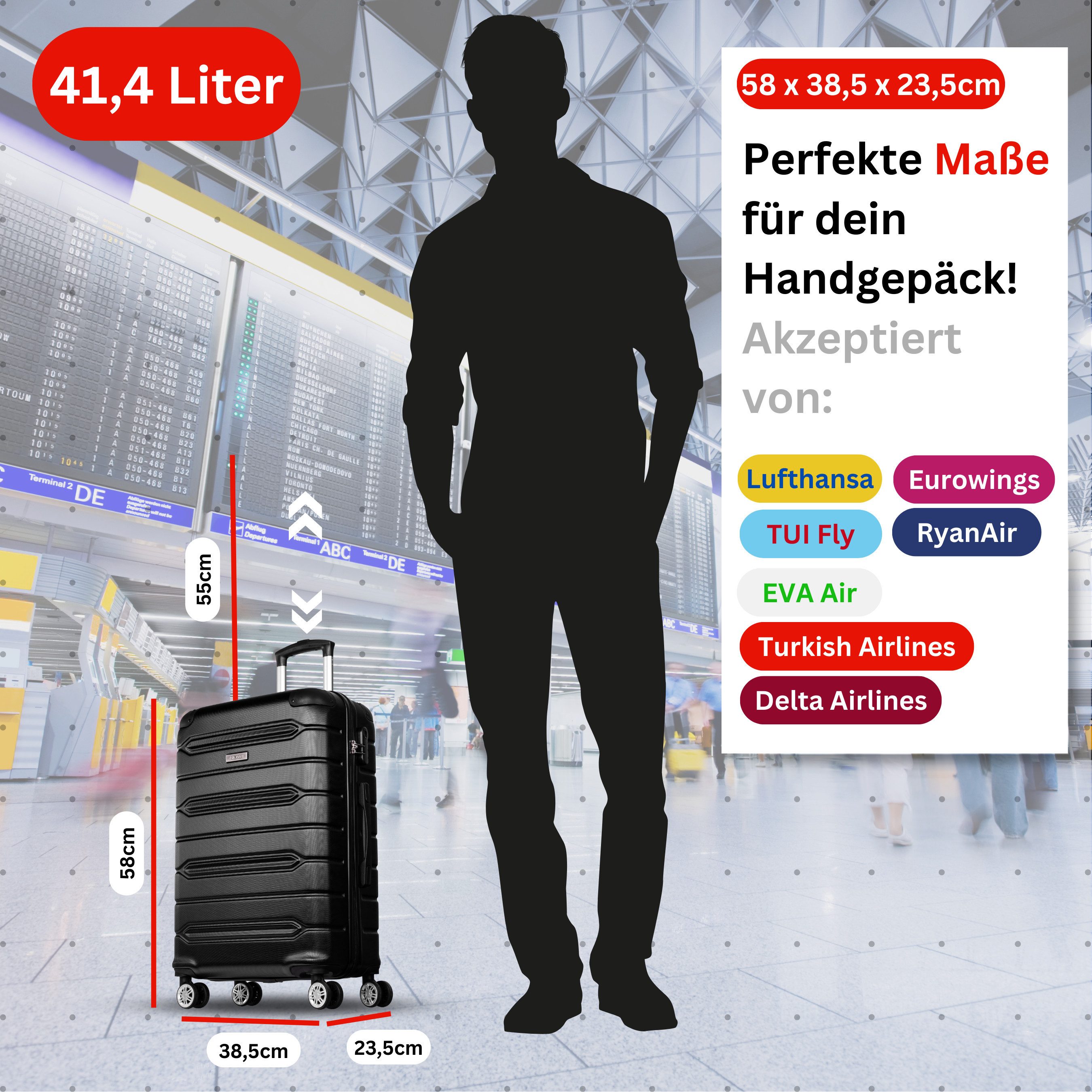 NOWI Hartschalen-Trolley Koffer Hartschalenkoffer mit Zahlenschloss & 8 Rollen Trolley, Zahlenschloss