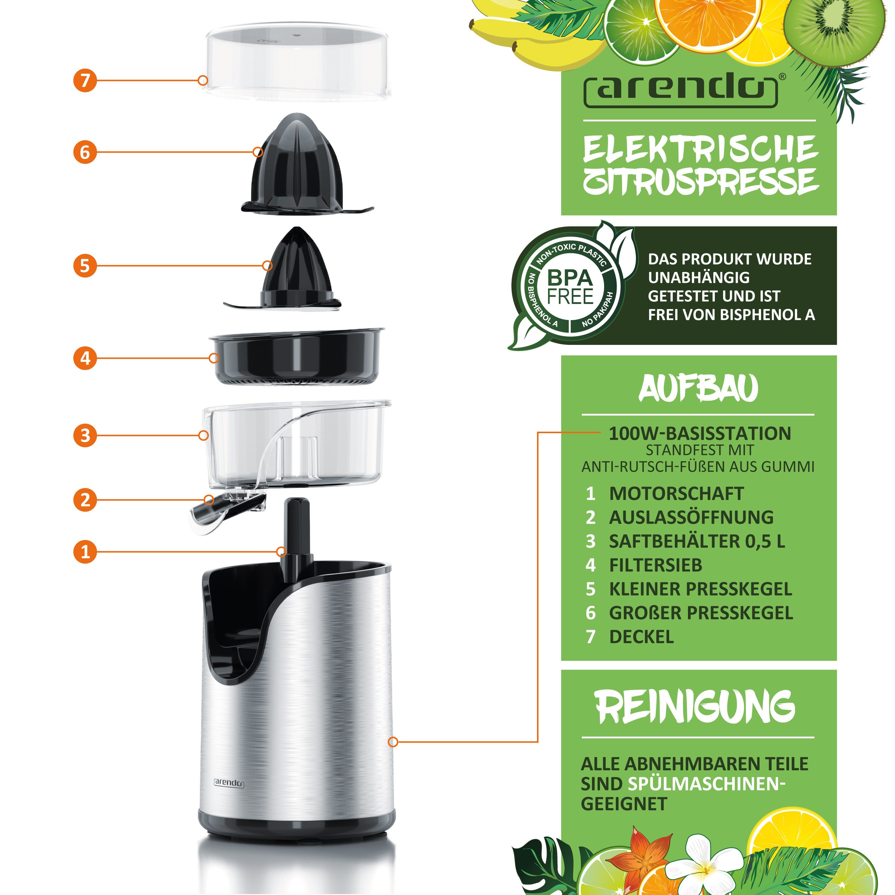 Arendo Zitruspresse Edelstahl Zitronenpresse, elektrisch, Siebeinsatz, Zitronen Presse, 100 W, Limetten & Orangenpresse, großer & kleiner Presskegelaufsatz, BPA – Bild 2 von 5