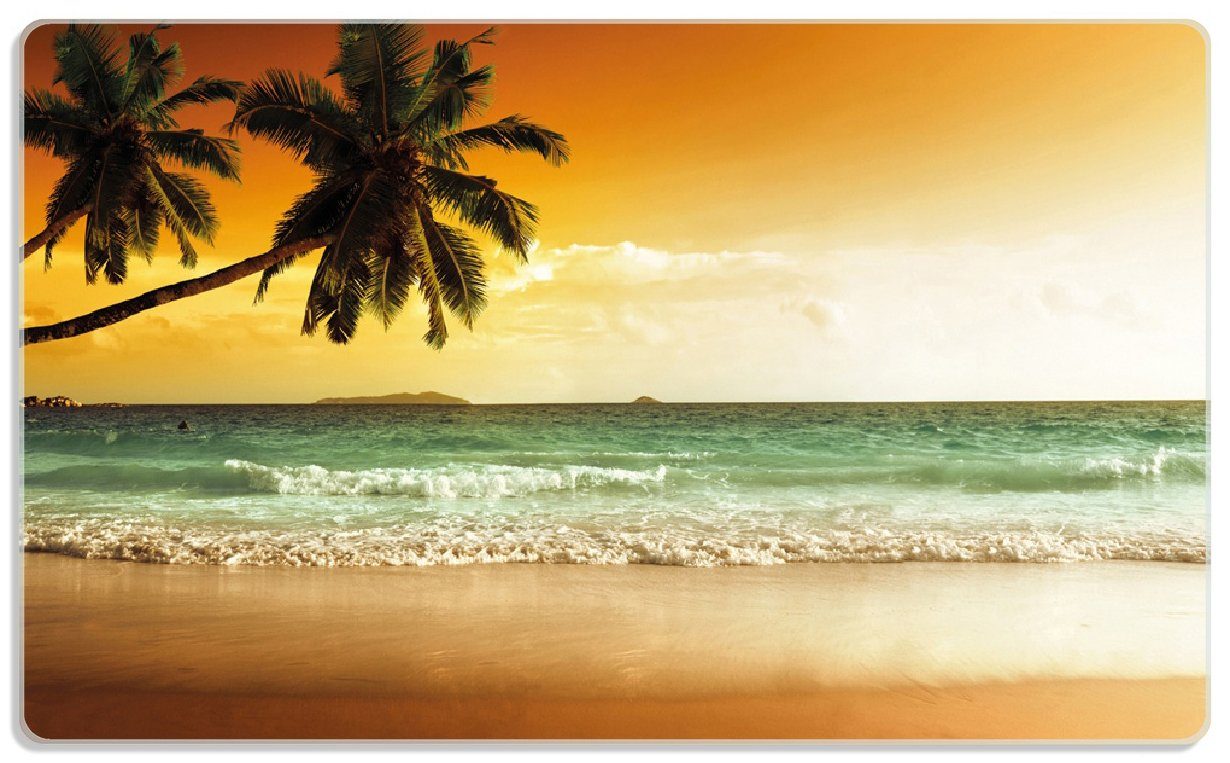 Wallario Frühstücksbrett Palmen am Sandstrand bei untergehender Sonne, ESG-Sicherheitsglas, (inkl. rutschfester Gummifüße 4mm, 1-St), 14x23cm