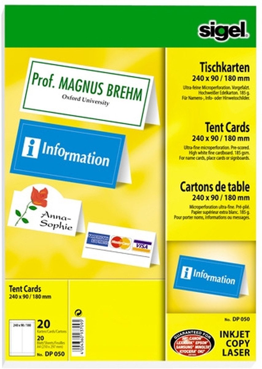 Sigel Designpapier Tischkarten A4 185g/qm hochweiß VE=20 Stück