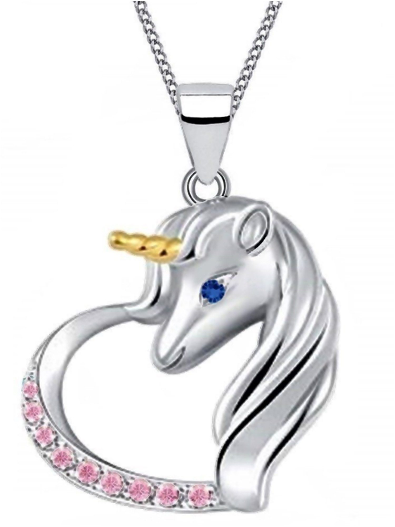 Goldene Hufeisen Kette mit Anhänger Halskette Einhorn Herz Pferd 925 Silber mit Zirkonia (Anhänger mit Kette, inkl. Etui), Rhodiniert