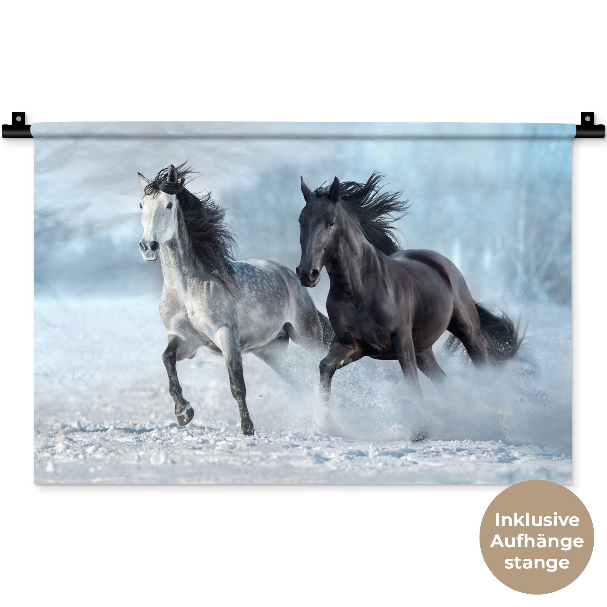 MuchoWow Wandteppich Pferde - Winter - Tiere - Natur - Schnee, Rechteckig, Höhe: 3 mm, Wandteppich für Wohnzimmer, Schlafzimmer, 60x40 cm