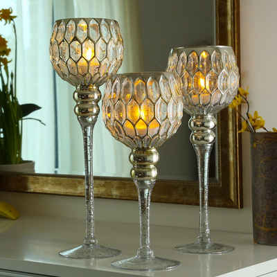 MARELIDA Windlicht Kerzenhalter Kelch Glas Windlicht H: 30,5cm/34,5cm/40cm gold 3er Set (3 St)