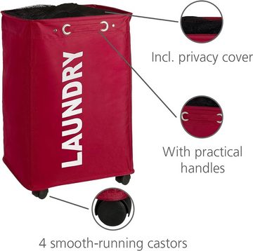 WENKO Wäschetruhe Wäschekorb mit Rollen Wäschetonne Quadro rot XL, 79 Liter rollbar mit Sichtschuz Abdeckung