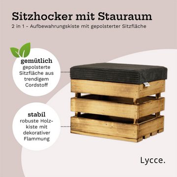 Lycce Polsterhocker Sitzhocker, Holzkiste geflammt mit gepolstertem Cordstoff-Deckel, mit Stauraum und gepolstertem Sitzkissen