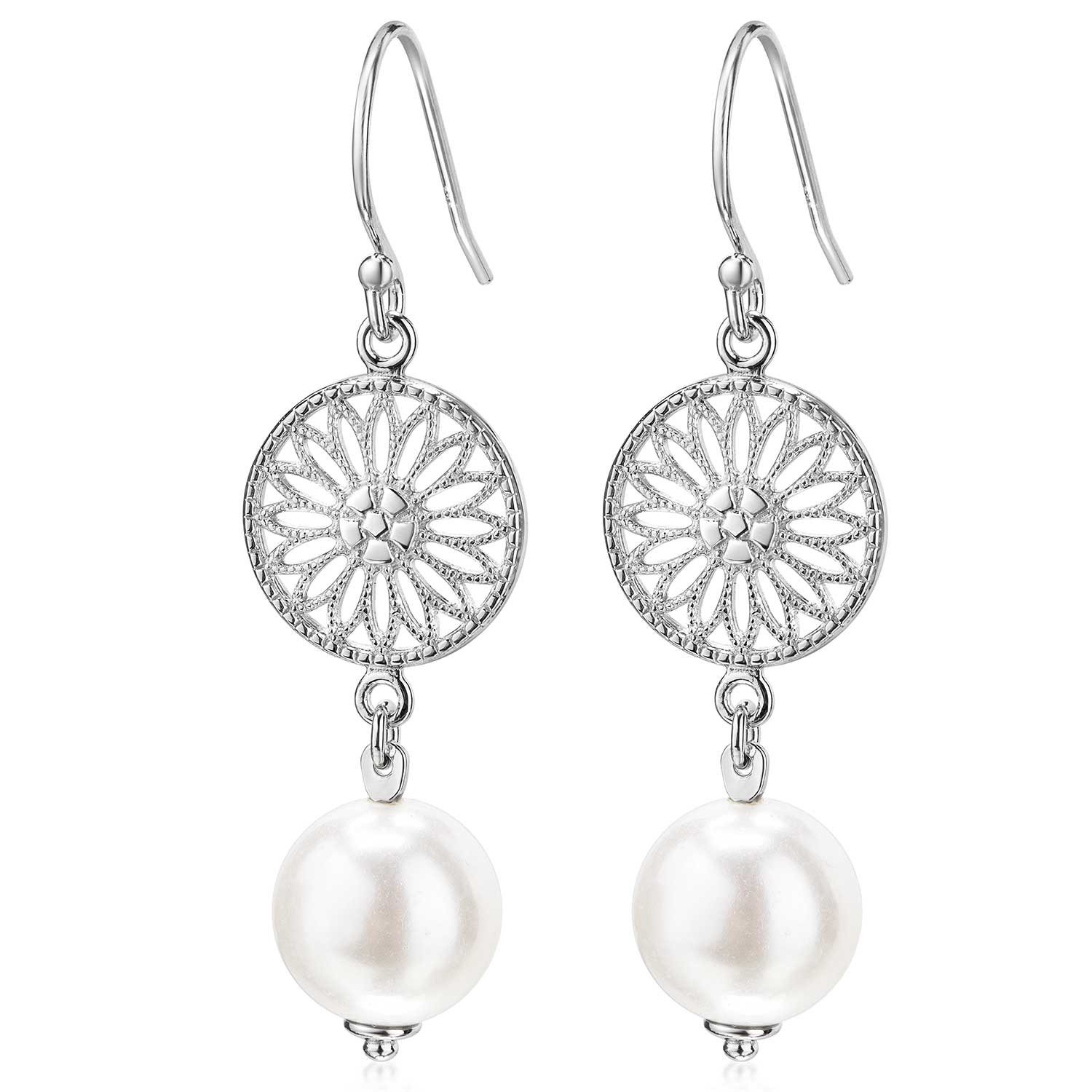 Materia Paar Ohrhänger Blume des Lebens mit Süßwasser Perle weiß SO-305-Silber, 925 Sterling Silber