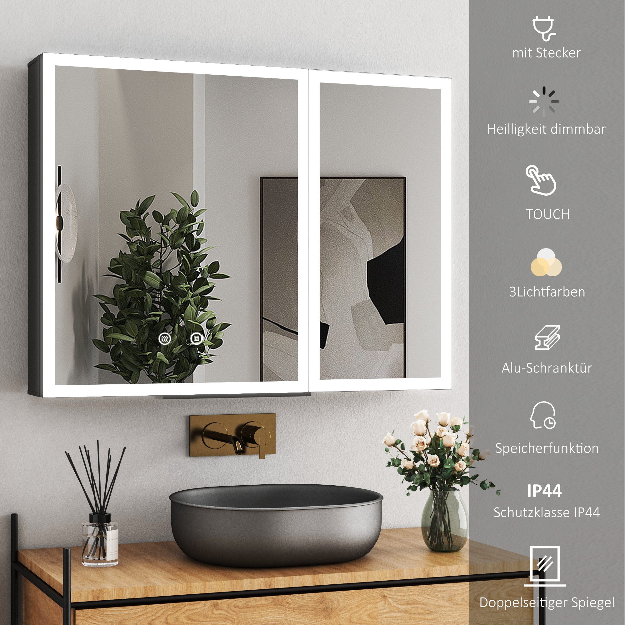 WDWRITTI Spiegelschrank Schwarz mit beleuchtung 3Lichtmodi Dimmbar Kalt/Neutral/Warmweiß (Badezimmerspiegelschrank mit LED, 2 türen 80x60cm) Full Surround Light Strip, mit Netzadapter