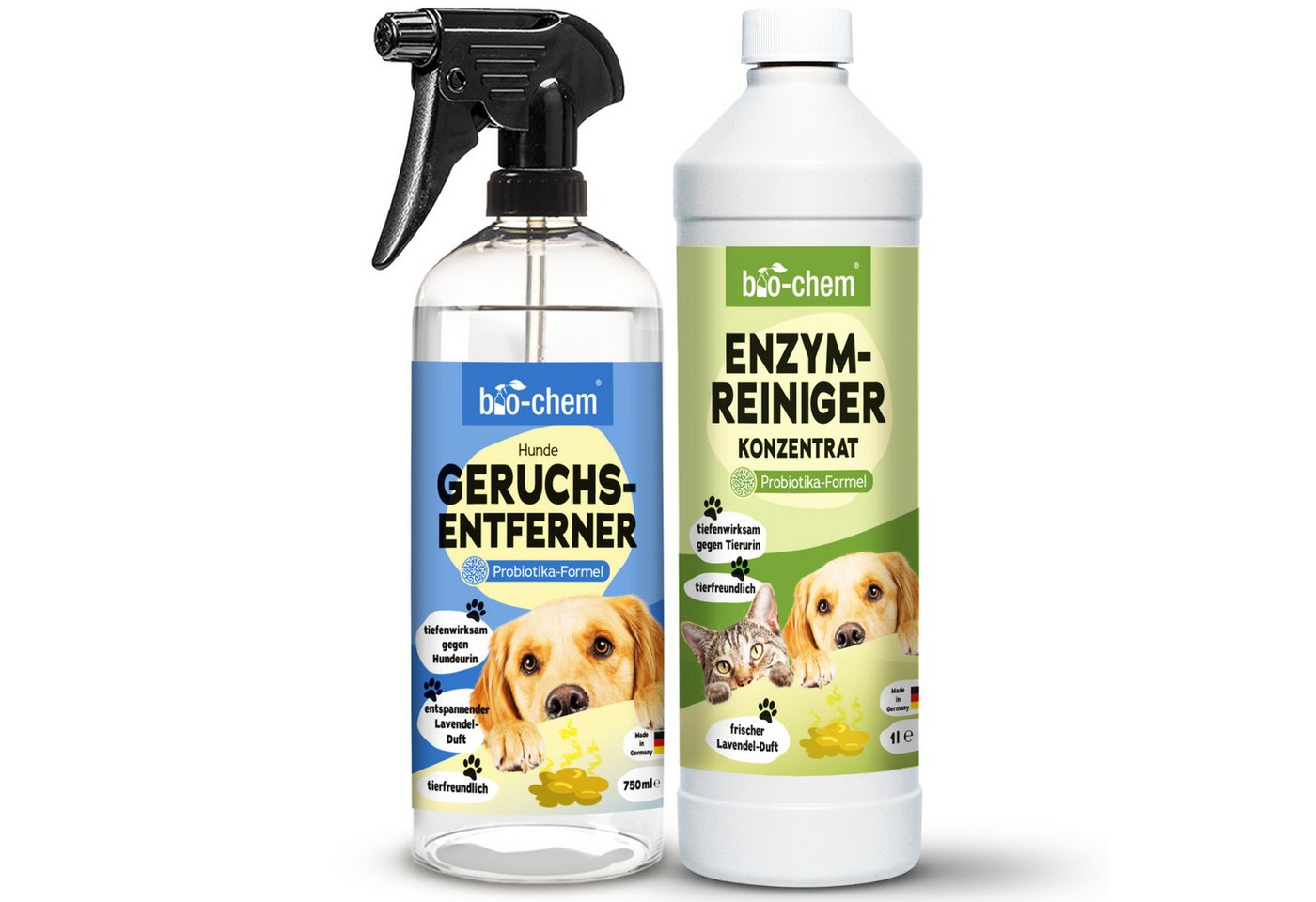 bio-chem Geruchsentferner Enzymreiniger 1 L Geruchsentferner gegen Urin, Katzen & Hundeurin (7) Geruchsentferner Hund + Enzymreiniger Konzentrat, Geruchsentferner Hund 0.75 l + Enzymreiniger Konzentrat 1 L), Probiotisch & tiefenwirksam gegen Tiergeruch