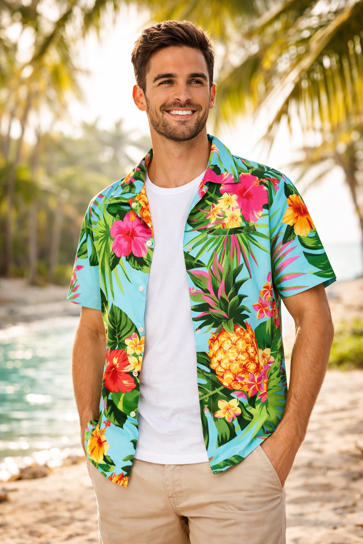 King Kameha Hawaiihemd "Pineapple" Funky Hawaii-Hemd Herren Kurzarm Front-Tasche Stylish