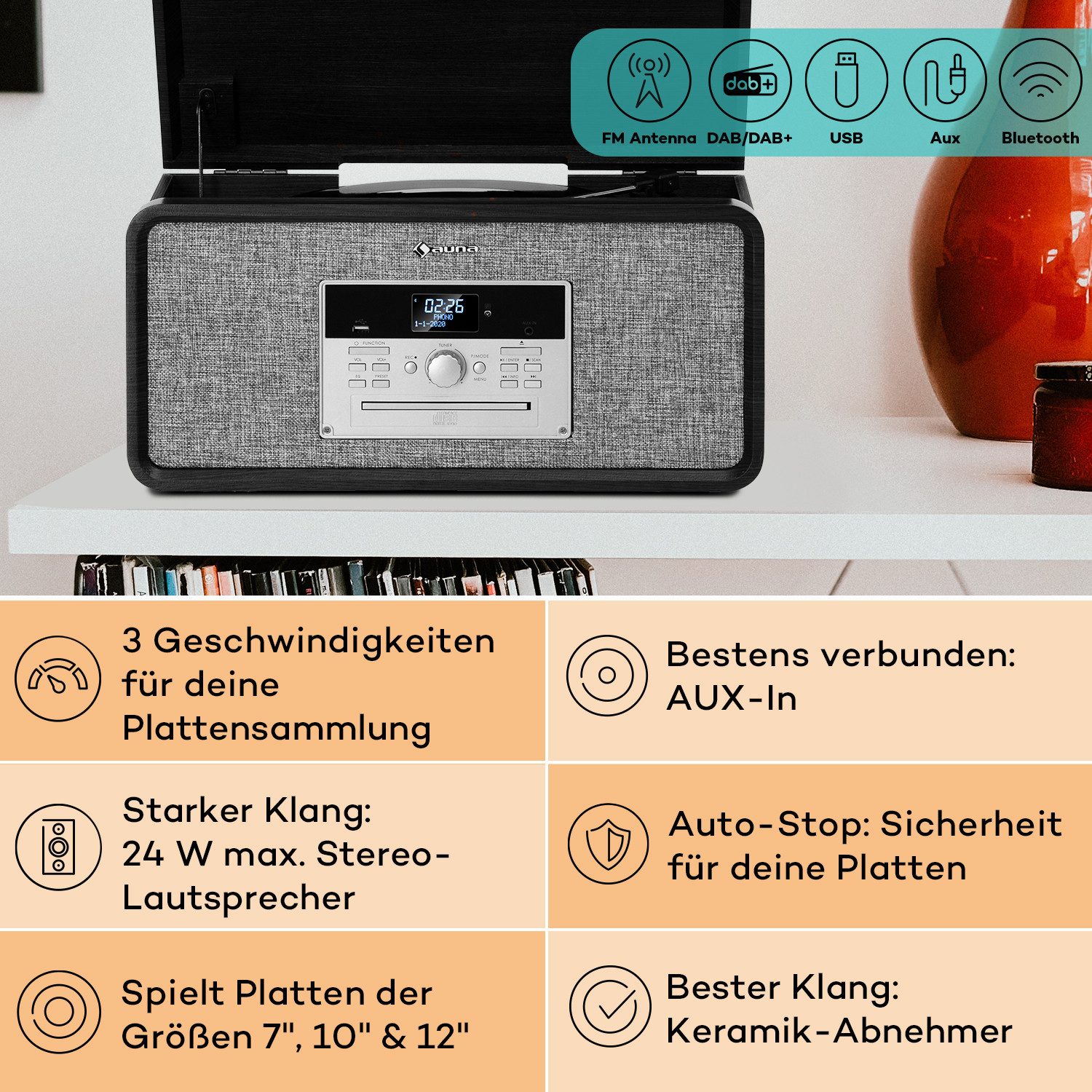 Auna Mary Ann Plattenspieler (Riemenantrieb, Bluetooth;CD, DAB+ UKW Radio MP3 Player Fernbedienung)